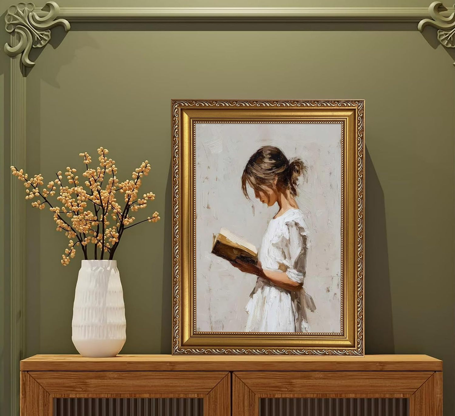 XIGBAWAN Framed Vintage Wall Art Woman Reading Portrait Victorian Gold Frame Canvas Painting Book Lover Reading Room Decor 12x16 Inch