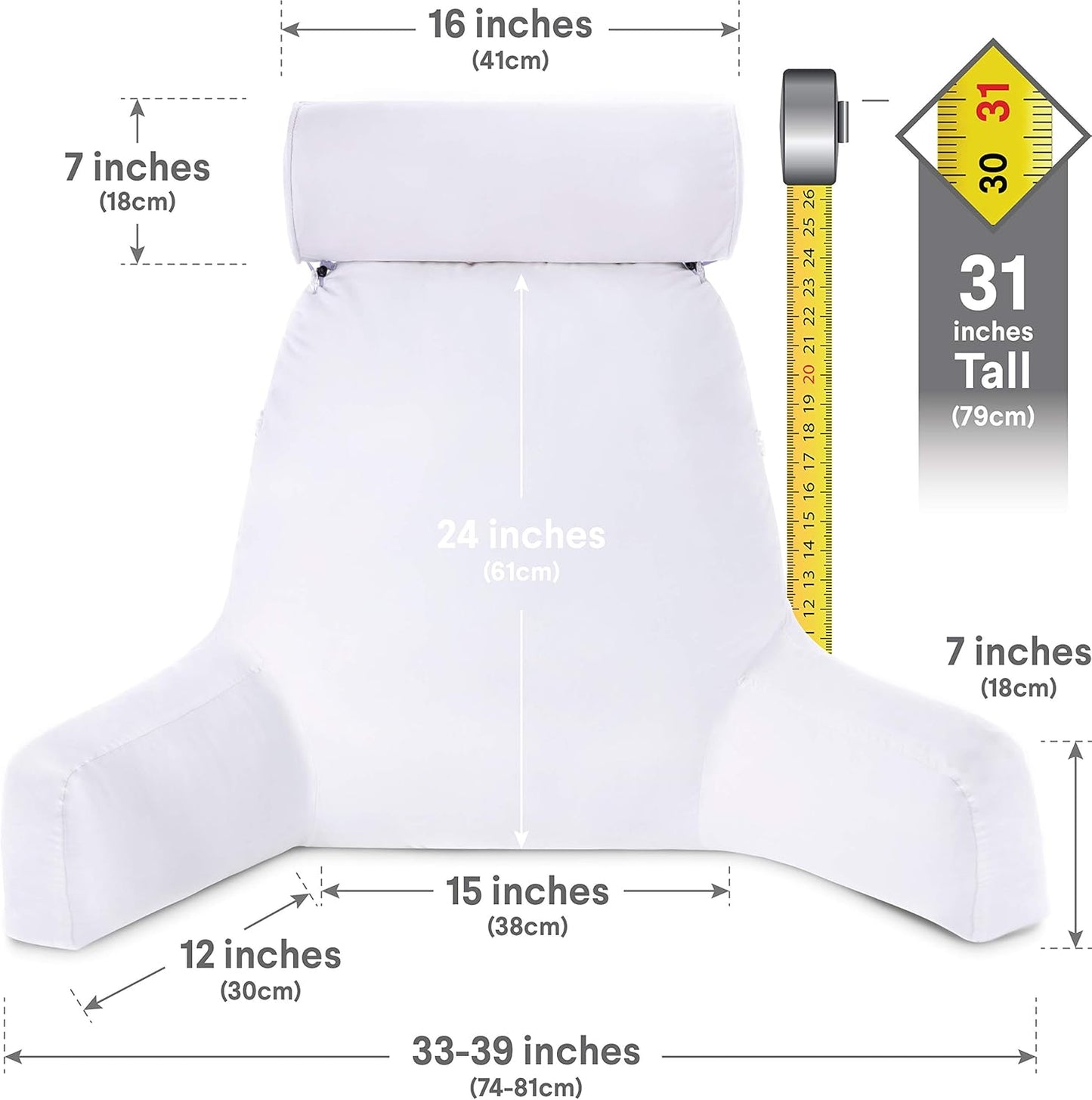 Husband Pillow XXL Aspen Edition - Adult Reading Bed Rest Pillow with Arms & Detach Neck Roll on Bungee Cord - Premium Memory Foam, Reversible 2 Sided Covers Micro Suede or Plush, White Dandelion