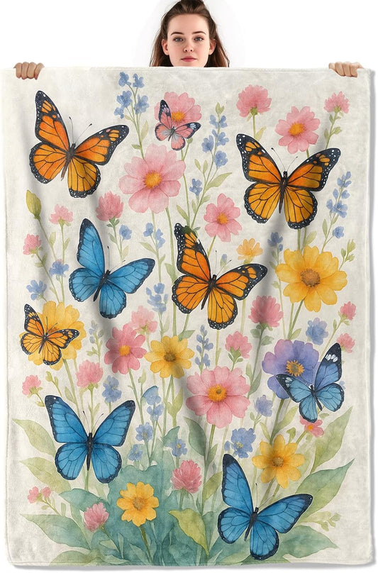 Colorful Butterfly Garden Throw Blanket, Lightweight Warm Flannel Blankets, Home Decor and Gifts, Soft Cozy Throws for Women Girls Kids, 50"X60" for Bed Couch Travel Office