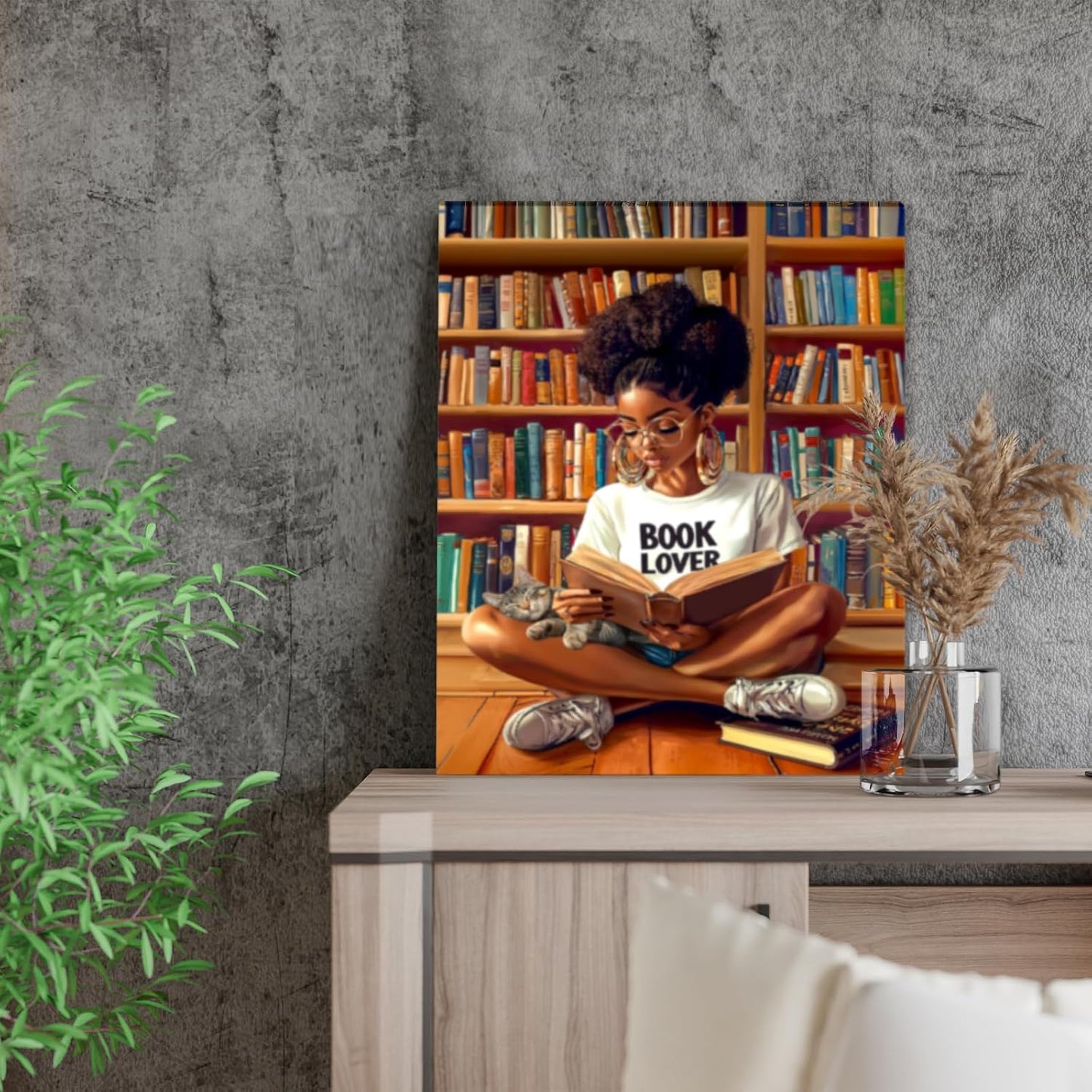 African American Wall Art Black Girl Reading Pictures Canvas Wall Decor Gift Book Lover Afro Black Women Painting Framed Artwork for Teenager Living Room Bedroom Study Reading Room 16"x20"