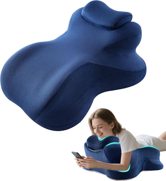 King Size Wedge Pillow for Firm Support, Ergonomic Memory Foam Prone Pillow for Reading & Stomach Sleeping, Back/Leg Relief with Removable Head Rest, Washable Cover