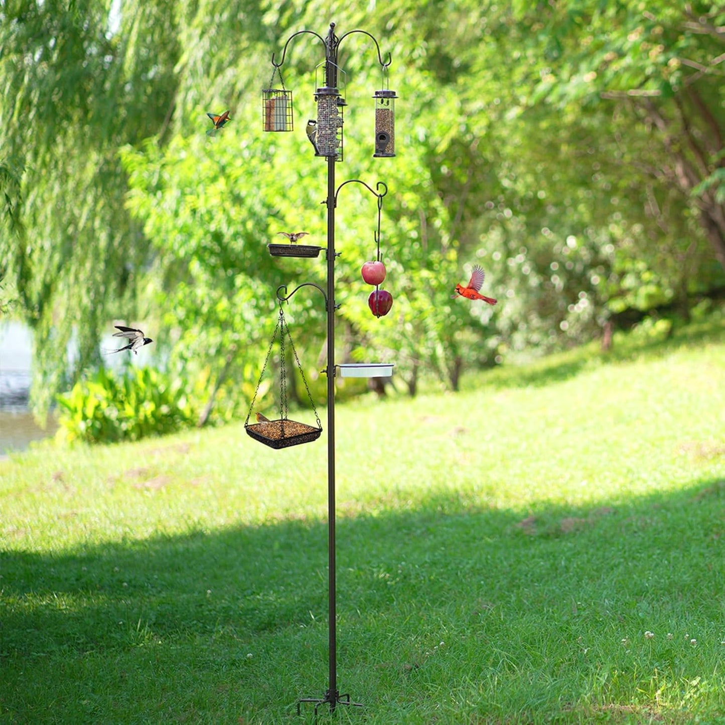 Bird Feeder Station with Suet Cage & Water Bowl Fruit Hook- Adjustable Pole, 6 Hanging Hooks for Wild Birds, Outdoor Garden Bird Feeding Kit