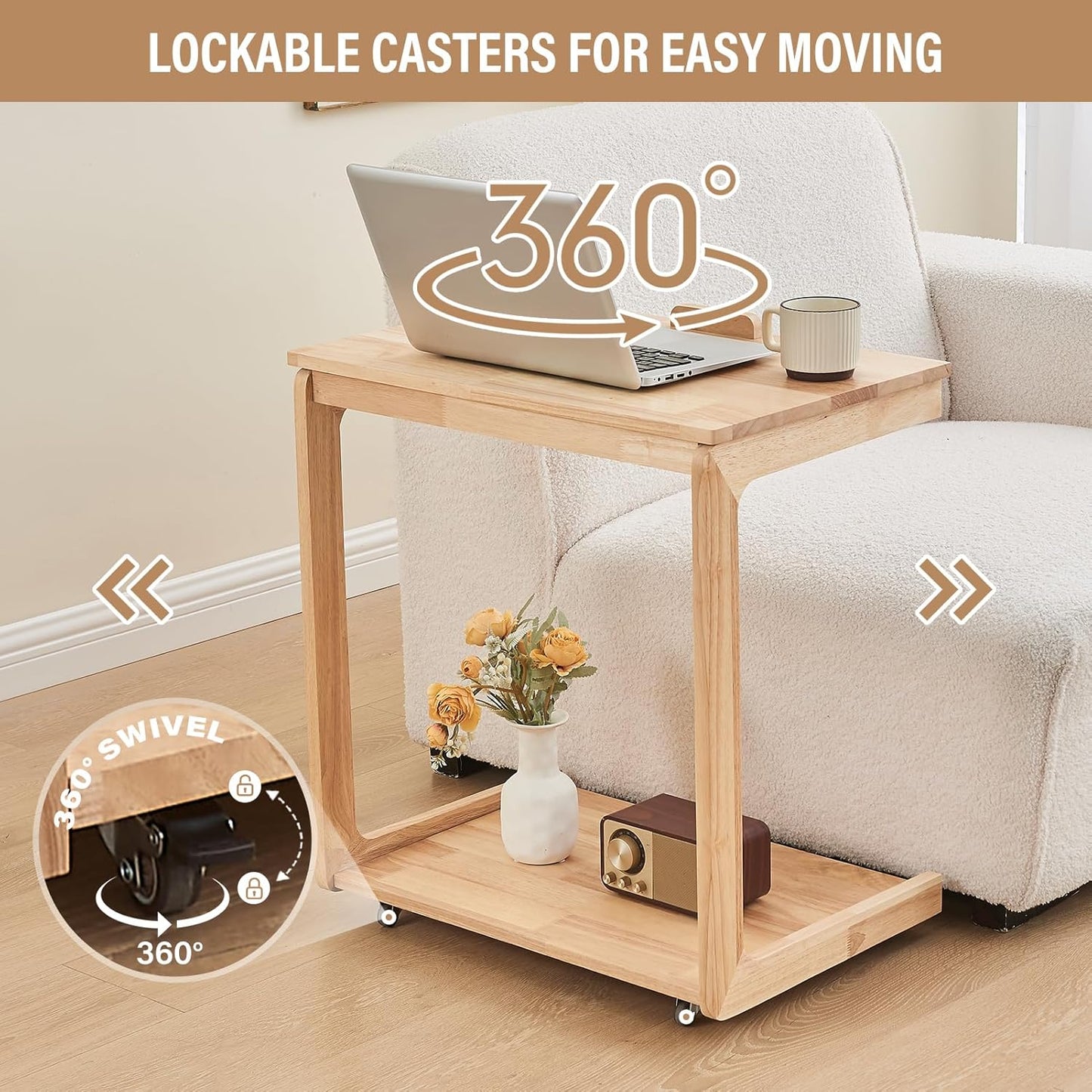 Couch Tables That Slide Under - C Shaped End Table for Couch, Wooden Side Table for Sofa, Small Sofa Arm Tray Desk, Rolling Side Table with Wheels for Laptop/Living Room/Bedroom, Natural