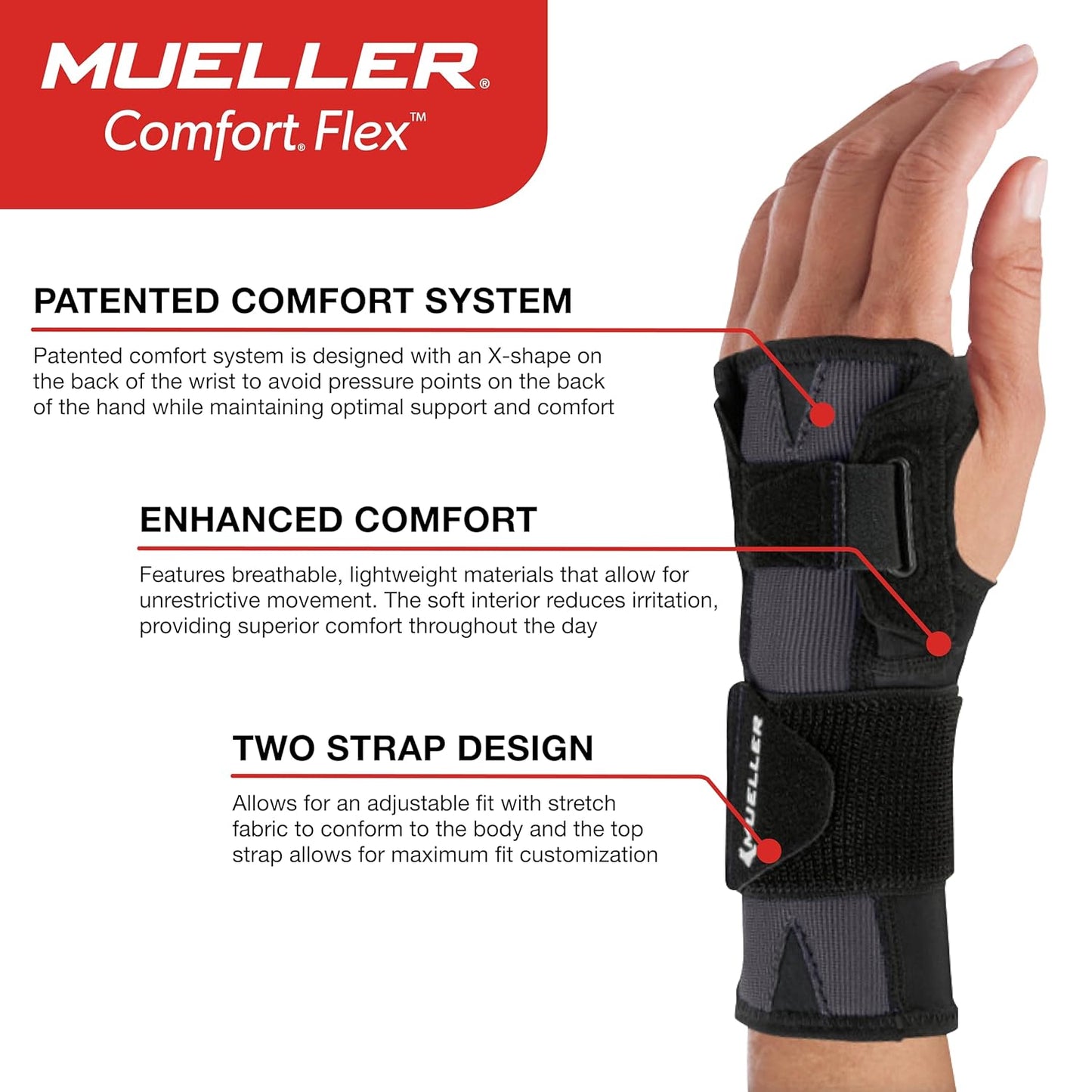 MUELLER Sports Medicine Comfort Flex Wrist Stabilizer, Wrist Pain Relief Support for Men and Women, Ideal for Carpal Tunnel, Tendinitis, Arthritis, Black, One Size