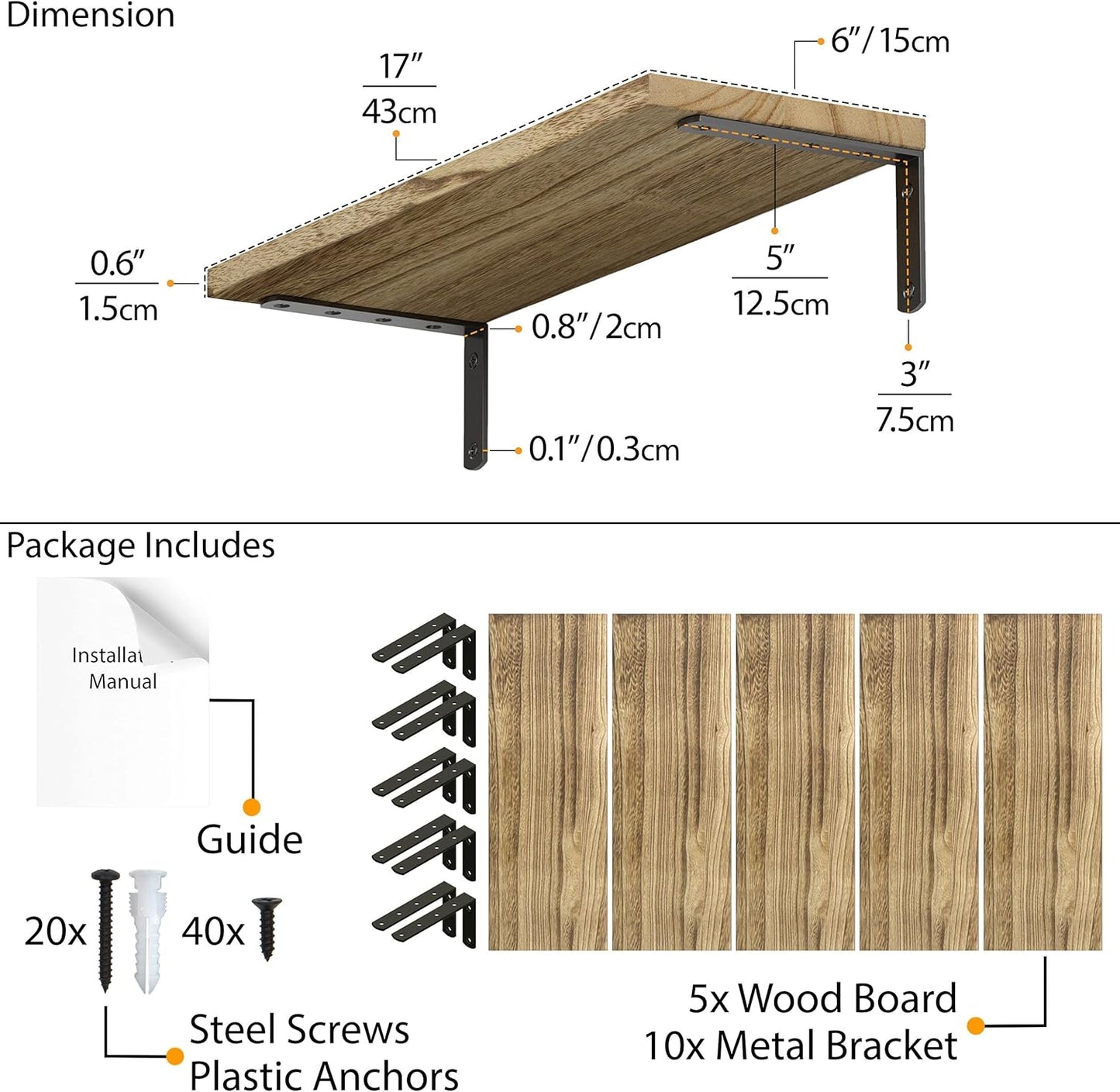 Wallniture Palma Floating Shelves for Wall, Rustic Wood Wall Shelves for Bedroom Storage, Natural Burned Small Bookshelf Set of 5