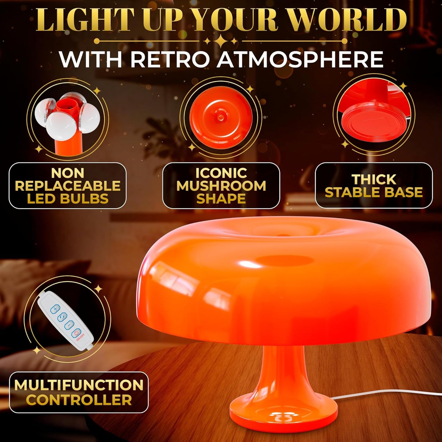 Orange Mushroom Lamp for Bedroom – Dimmable Vintage Mushroom Lamps Power 5W with 3 Lighting Colors & 10 Brightness – USB Powered Nightstand Retro Lamp for Reading Room, Office, Dorm | ABS + PVC Build