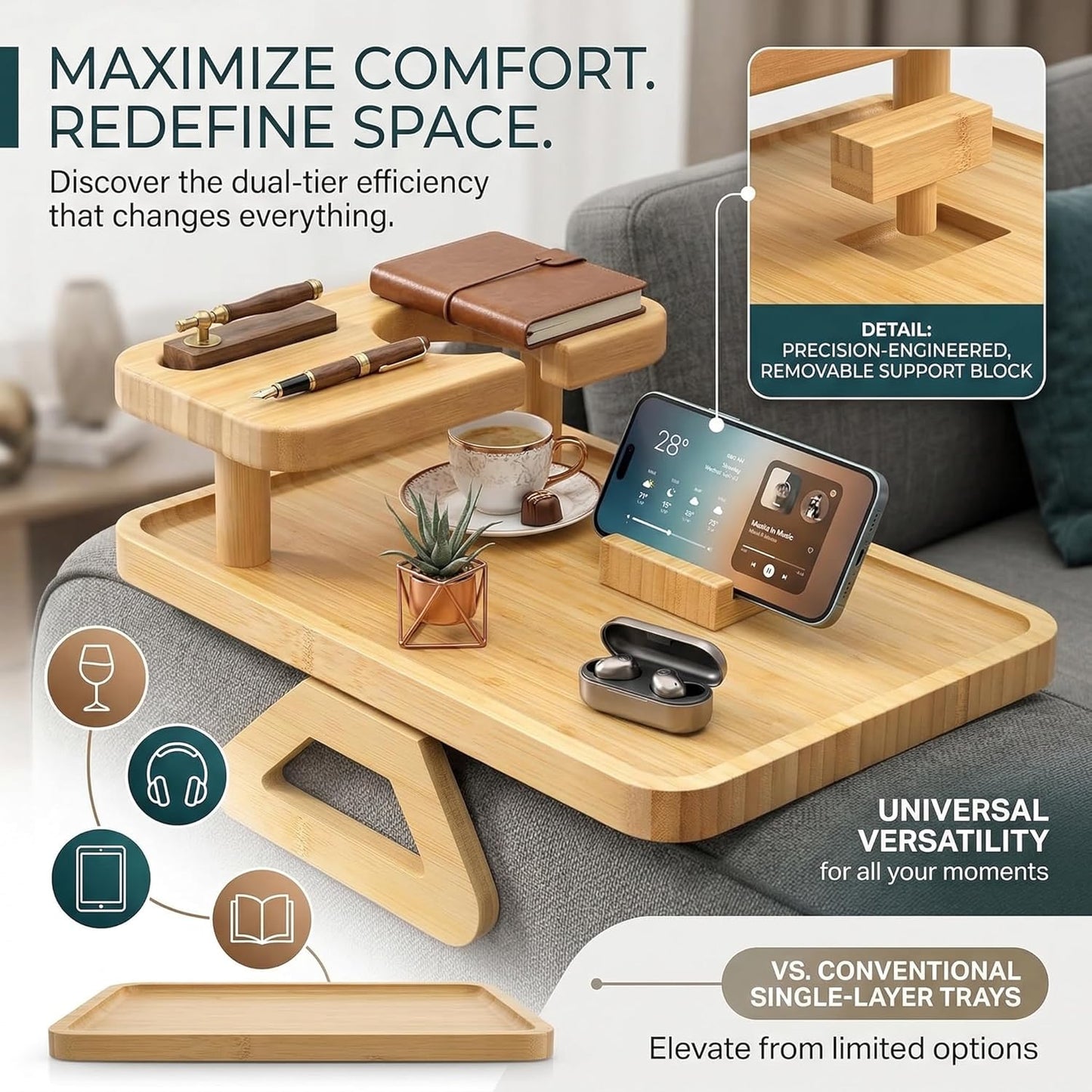 Wood Sofa Arm Tray Premium Bamboo Couch Armrest Tray with Phone Holder & Cup Holder | Sofa Side Table for Snacks, Drinks & Remote | 13.8"x9.8"x3.9" Folding Design