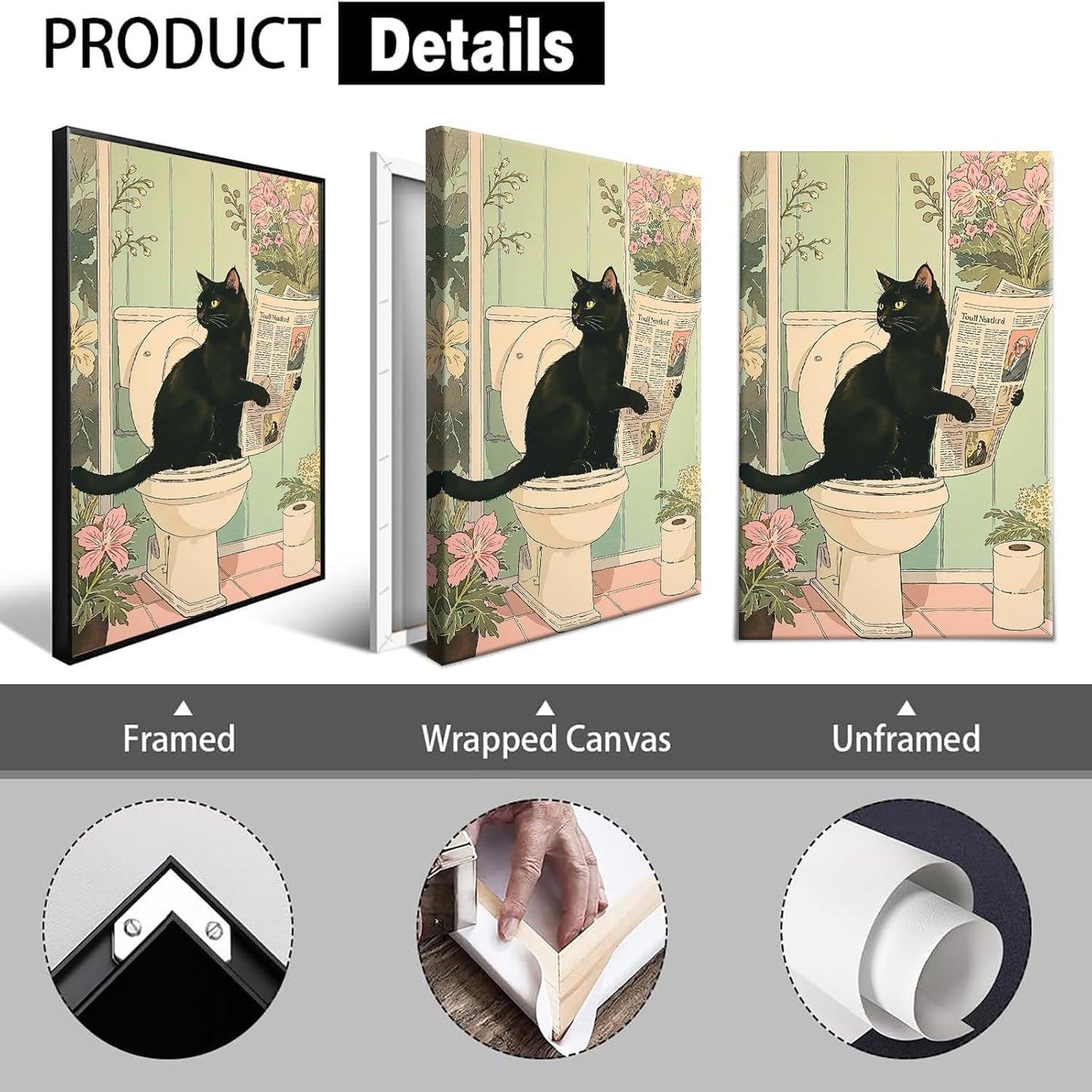 ZHIXQMG Funny Animal Bathroom Canvas Wall Art Japanese Black Cat Reading Newspaper Posters Cute Cats Sitting On The Toilet Picture Pink Flowers Aesthetic Wall Decor For Home Dorm 12x16in Unframed