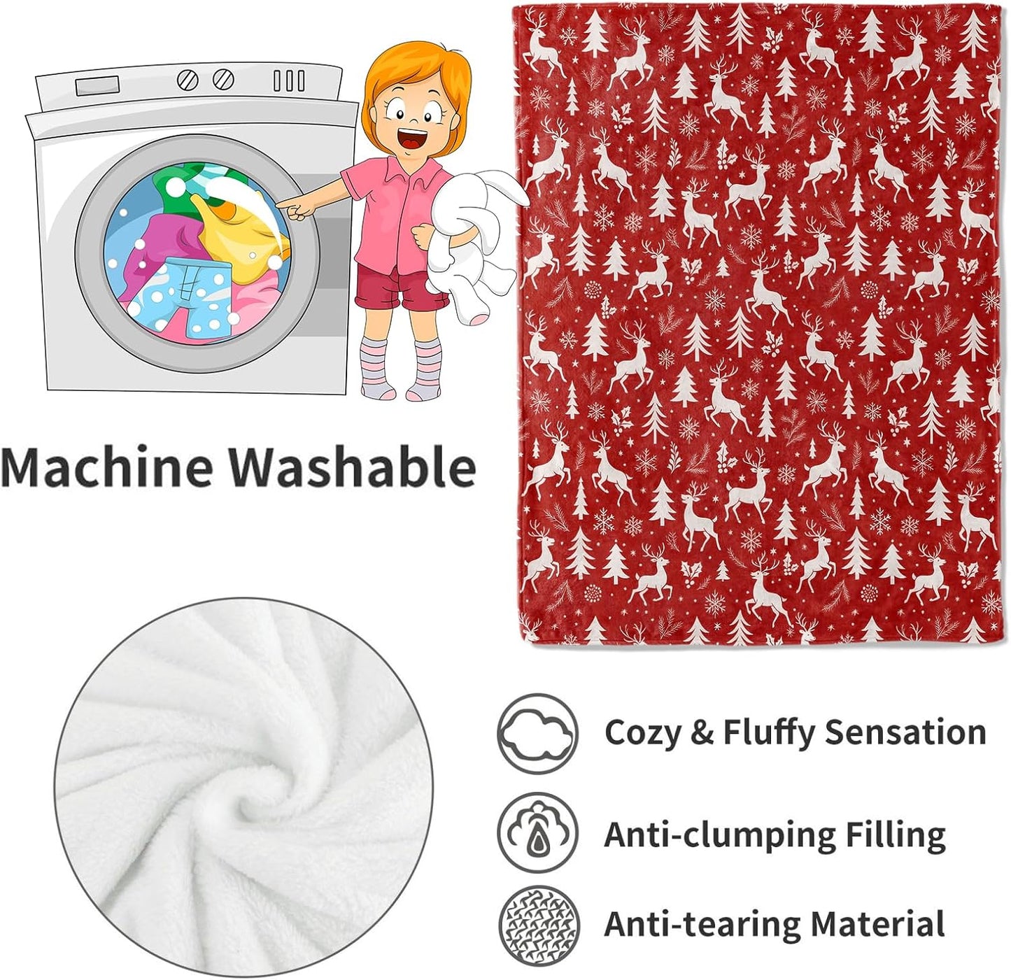 Red and White Reindeer Blanket Christmas Holiday Decor Winter Forest Xmas Throw Gifts for Adults Lightweight Soft Fleece Snowflakes Pine Tree Blankets for Bed Couch Festive Decoration 40x50in