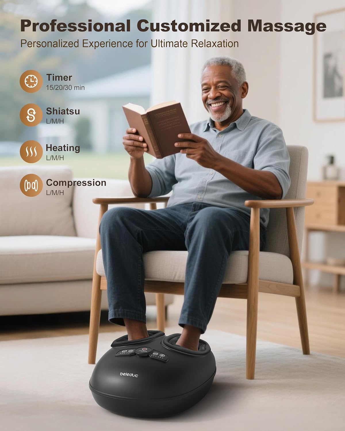 Beleduc Foot Massager with Heat and Compression, FSA Eligible, Deep Kneading Shiatsu Foot Massager for Plantar Fasciitis & Neuropathy, 3 Intensities, Washable Covers, Fits Up to Men Size 14