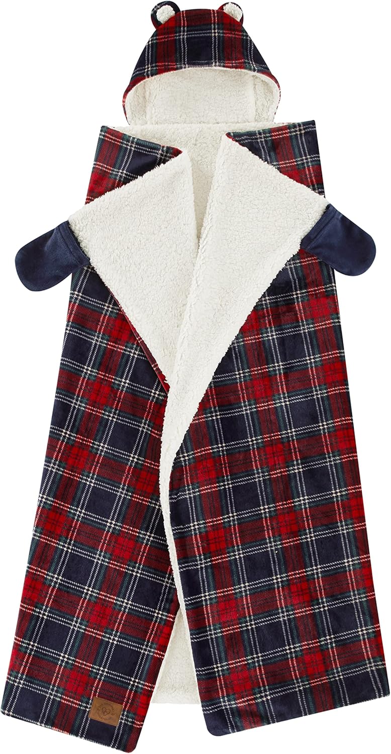 Dearfoams Red Tartan Plaid Printed Royal Plush with Sherpa reverse Adult Hooded Throw, 50"x60"