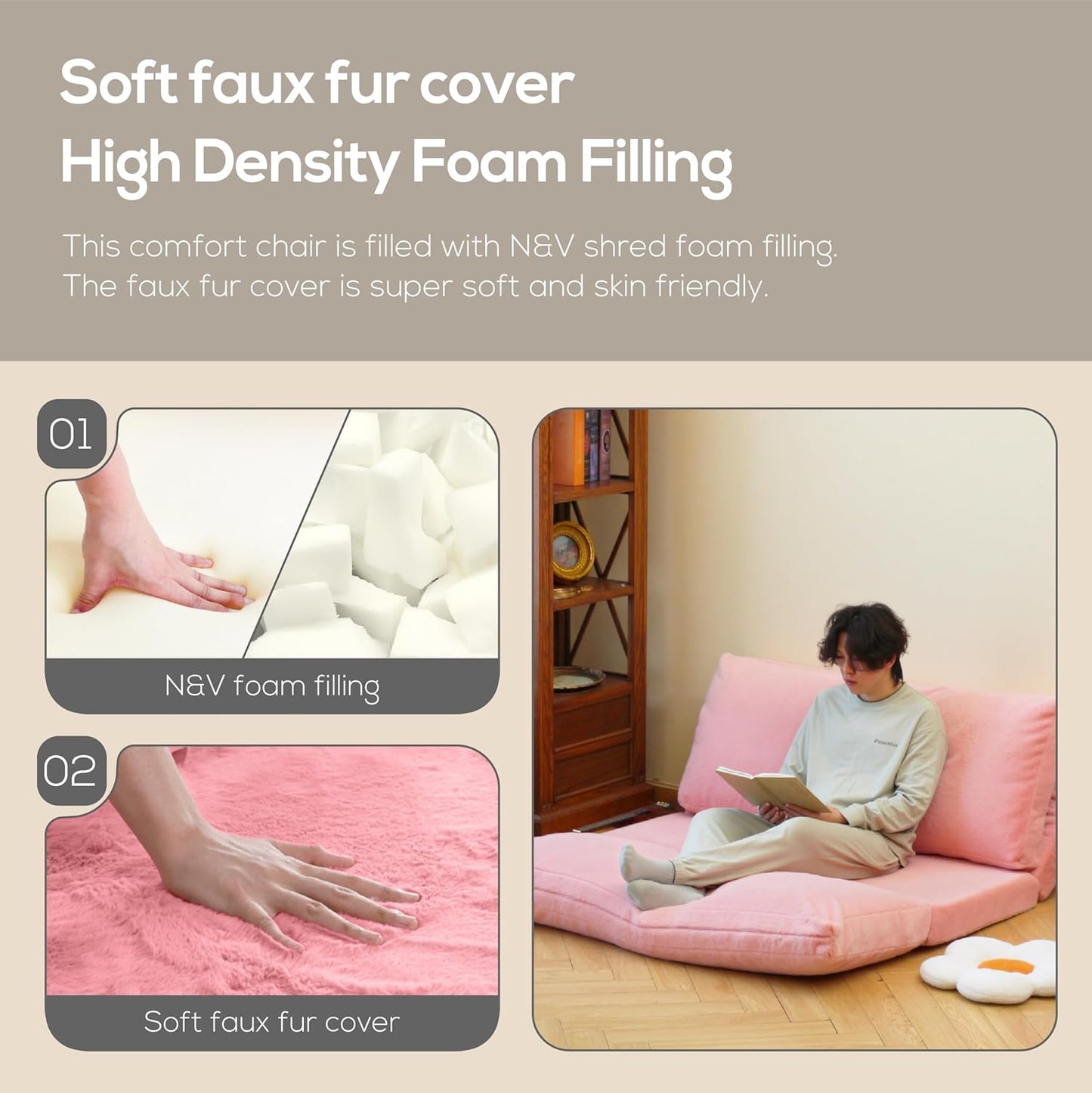 N&V Folding Matress Sofa Bean Bag Bed, Foam Filling Folding Matress Sofa, Includes Removable and Machine Washable Cover, Soft Premium Faux Fur (Large, Blue)