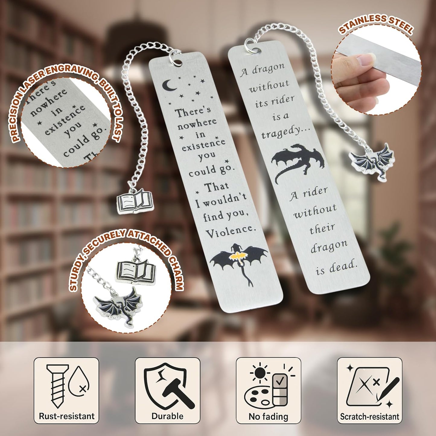 Dragon Metal Bookmarks – Set of 2 Engraved Fantasy Bookmark with Charms, Cool Bookmarks for Women and Men, Bookish Quotes Gifts for Readers, Magical Academy Book Accessories (Style 2)