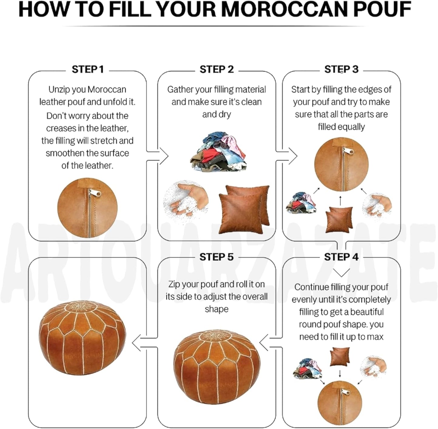 ARTOUARZAZATE Premium Moroccan Leather Ottoman Pouf Cover, Ottoman Footstool Hassock 100% Real Natural Leather pouffe, Home Gifts, Wedding Gifts, Foot Stool (Brown)