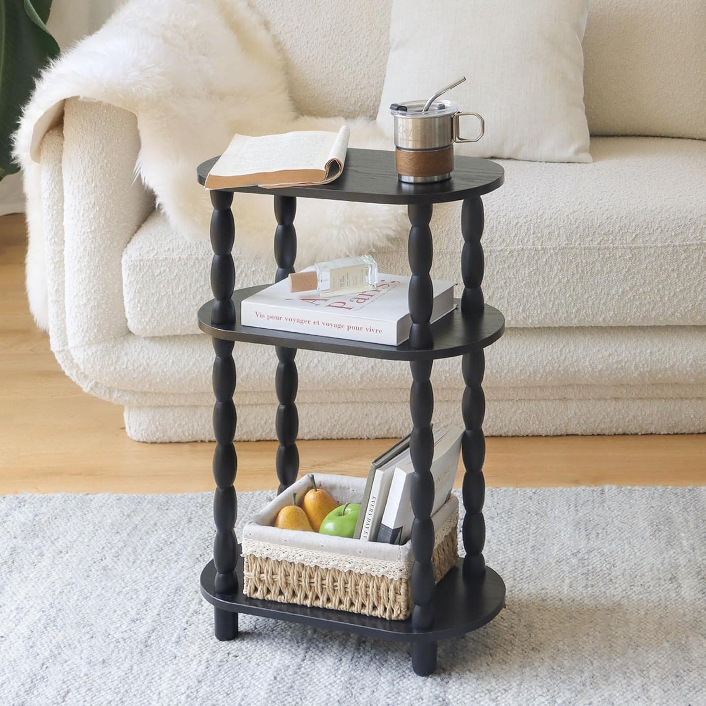 MaxSmeo Small Narrow Side Table, 3-Tier Narrow End Table with Storage, Skinny Side Table Nightstand for Small Space, Bedrooms, Living Room (Black)