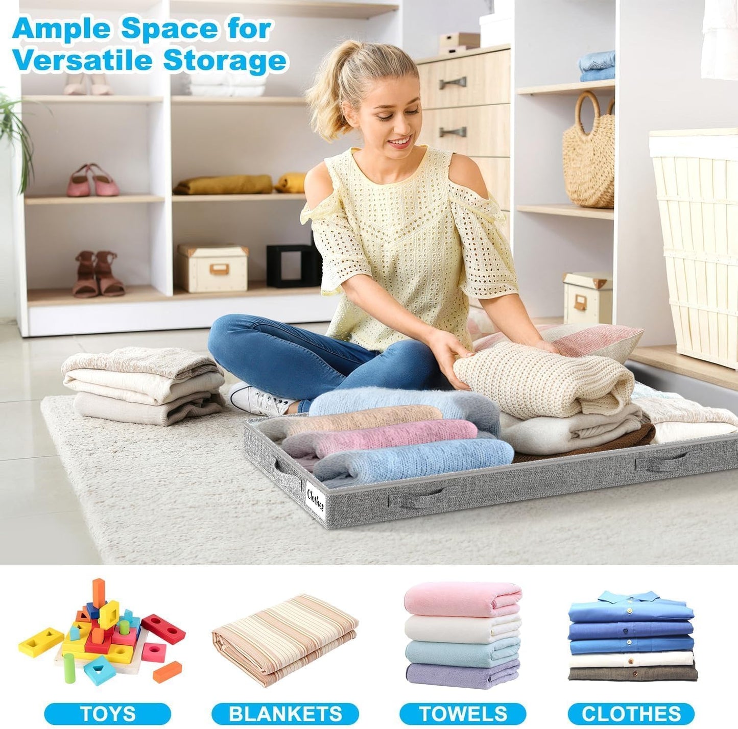 3 Inch Low Profile Under Bed Storage Drawer 2 Pack, Lightweight Underbed Clothes Storage Container Bins with NO STURCTURE, Shallow Storage Bag for Dorm & Home, With Clear Lids & Water-Resistant Fabric