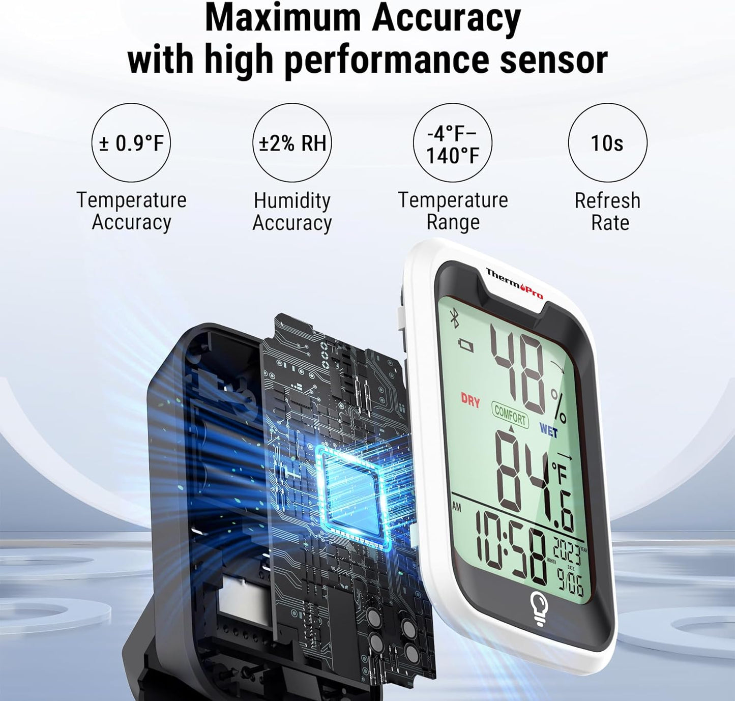 ThermoPro TP358 Bluetooth Thermometer for Room Temperature with Built-in Clock, Smart Temperature Sensor and Humidity Meter with Backlit, 260Ft Hygrometer Indoor Thermometer with Data Storage Export
