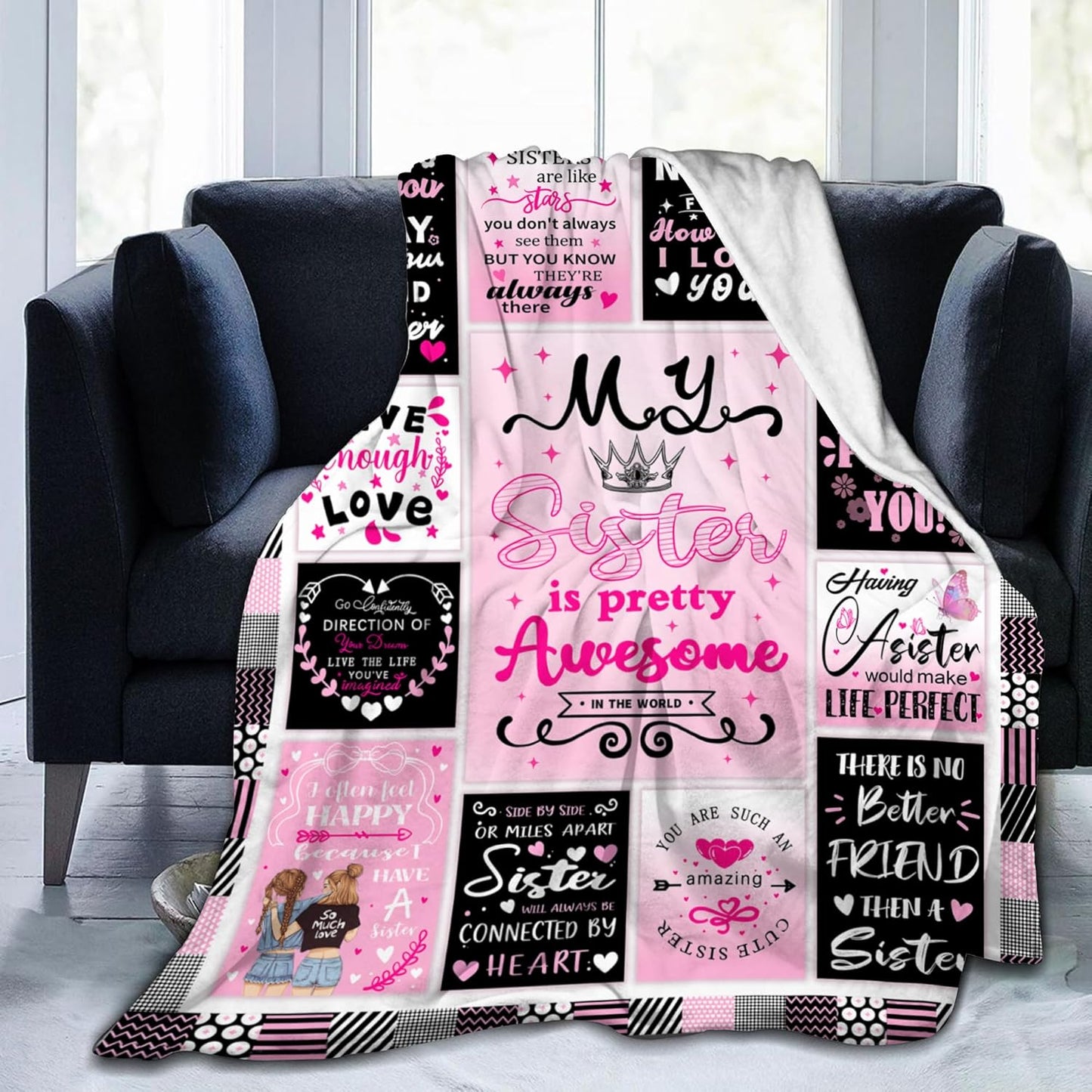 Sisters Gifts from Sister, Super Soft Unique Pink Sisters Blanket Gift for Little Girls, Christmas Birthday Gifts for Sister, Warm Cozy Fuzzy Plush Fleece Flannel Blanket 60"x50" for Couch Bedding