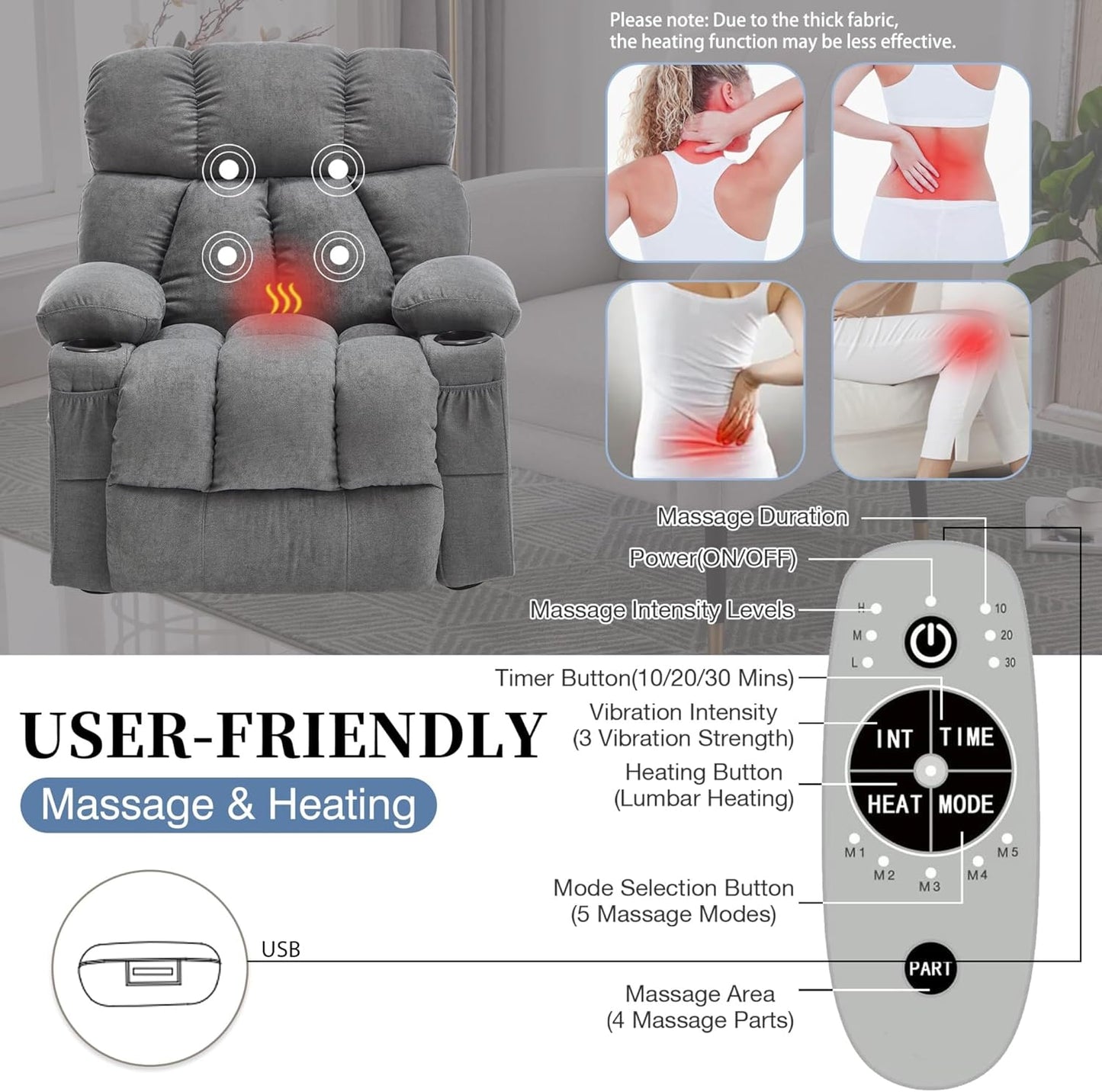Massage Rocker Recliner Chair with Heat and Vibration Comfy Overstuffed Ergonomic Rocking Lounge Chairs with 4 Side Pockets Cup Holders for Living Room Bedroom(Brown)
