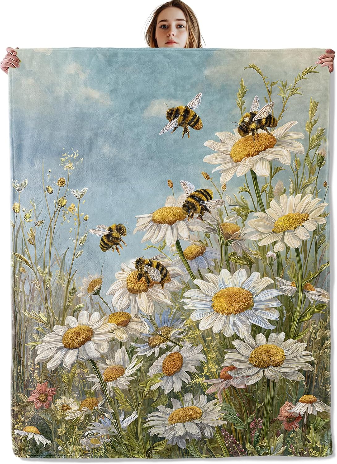 Bee and Daisy Blanket, Soft Cozy Lightweight Realistic Bumblebees on Wildflowers Throw Blanket for Women Garden Lovers Kids, Sofa Couch Bed 50x60 Inch Flannel Blankets for Travel Decor Gifts