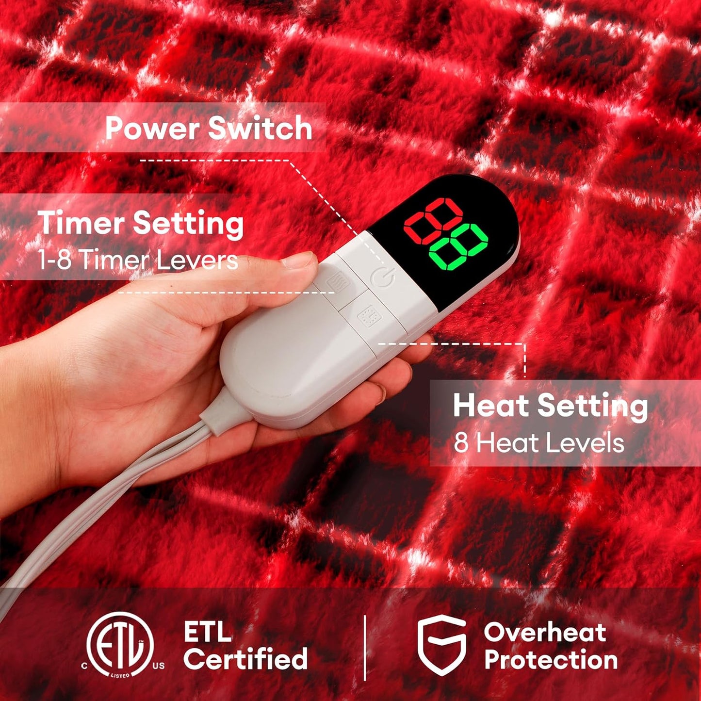 MAXEVE Heated Electric Blanket, 50"x60" Faux Fur Fast Heating Throw Blankets with 8 Heating Levels & 8 Hours Auto Off with Over-Heat Protection & ETL Certified, Plaid Red