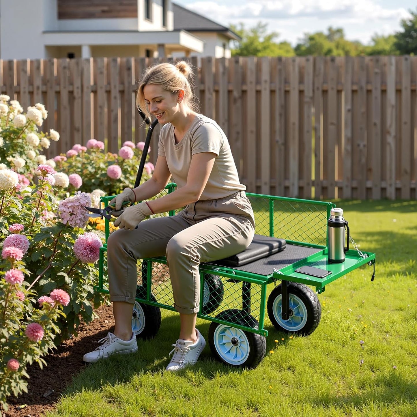 VEVOR 500 LBS Steel Garden Cart with Work Seat, Heavy Duty Garden Wagon Cart on Wheels, Outdoor Metal Utility Yard Wagon Gardening Stool with 10inch Flat Free Tires & Adjustable Handle, Green