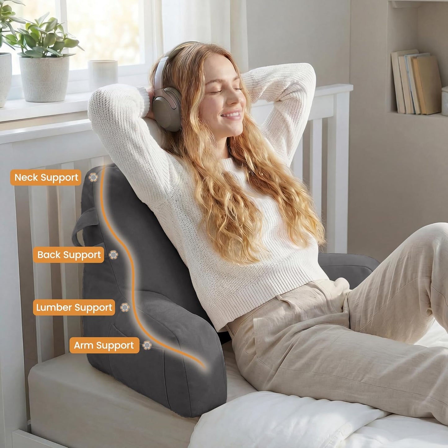 Portable Comfy Reading Pillows for Bed Sitting Up(Light Grey Oeko-Tex), Velvet Back Pillow with Arms & Pockets for Adults, Support Memory Foam Bed Pillow for Dorm/Reading/Watching/Gaming