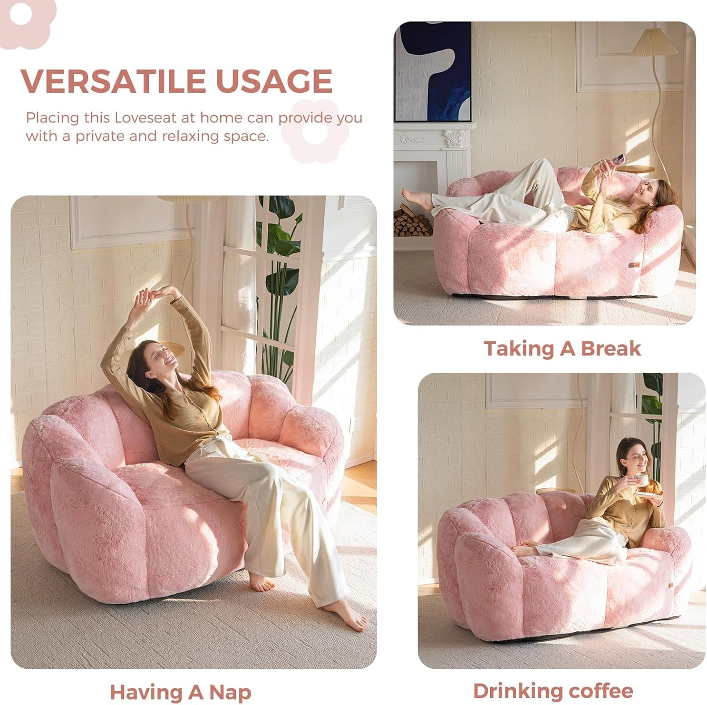 MAXYOYO Bean Bag Chair for Adults, Loveseat Floral Shaped Bean Bag Sofa, Ultra Soft Love Seat Mini Sofa Couch, Faux Fur Reading Chair for Living Room Bedroom, Pink