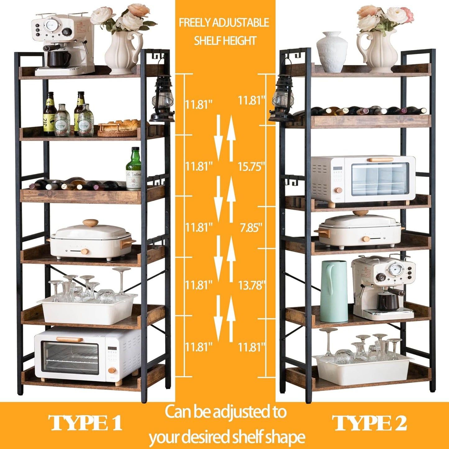 6-Tier Adjustable Open Bookcase — Industrial Wood & Black Metal, Rustic Farmhouse