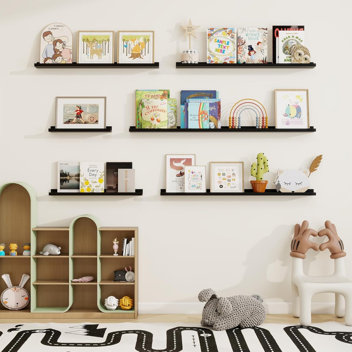 Picture Ledge Shelf, Floating Shelves Set of 2, 36 Inches Solid Wood Nursery Book Shelves for Toys Storage, Kids Bookshelf Wall Mounted for Living Room Bedroom Decor Books Photo Frames, Black