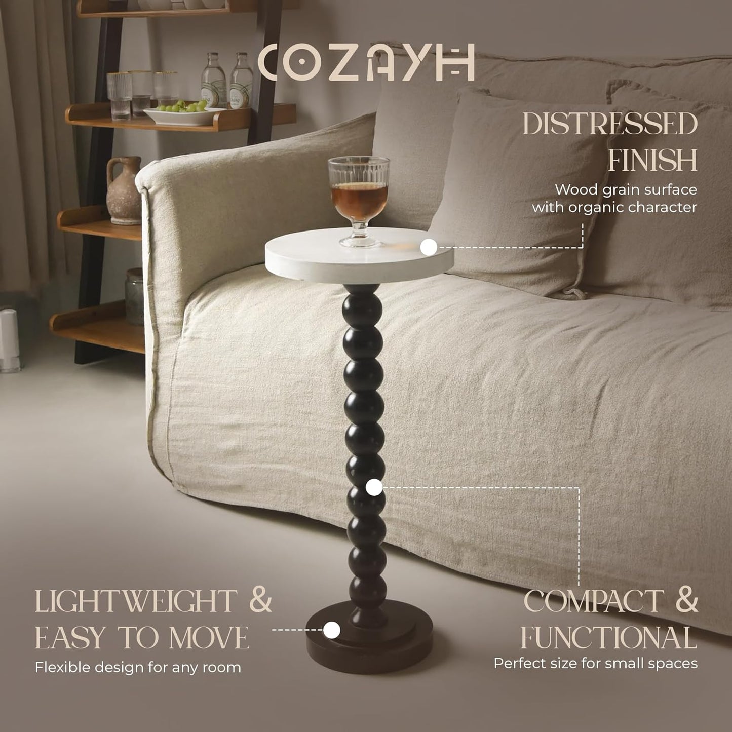 COZAYH 작은 받침대 엔드 테이블, 거실 액센트 사이드 테이블 디스플레이 스탠드, 나무 상단 및 디스트레스드 금속 스핀들 베이스가 있는 음료 테이블, 화이트 & 블랙