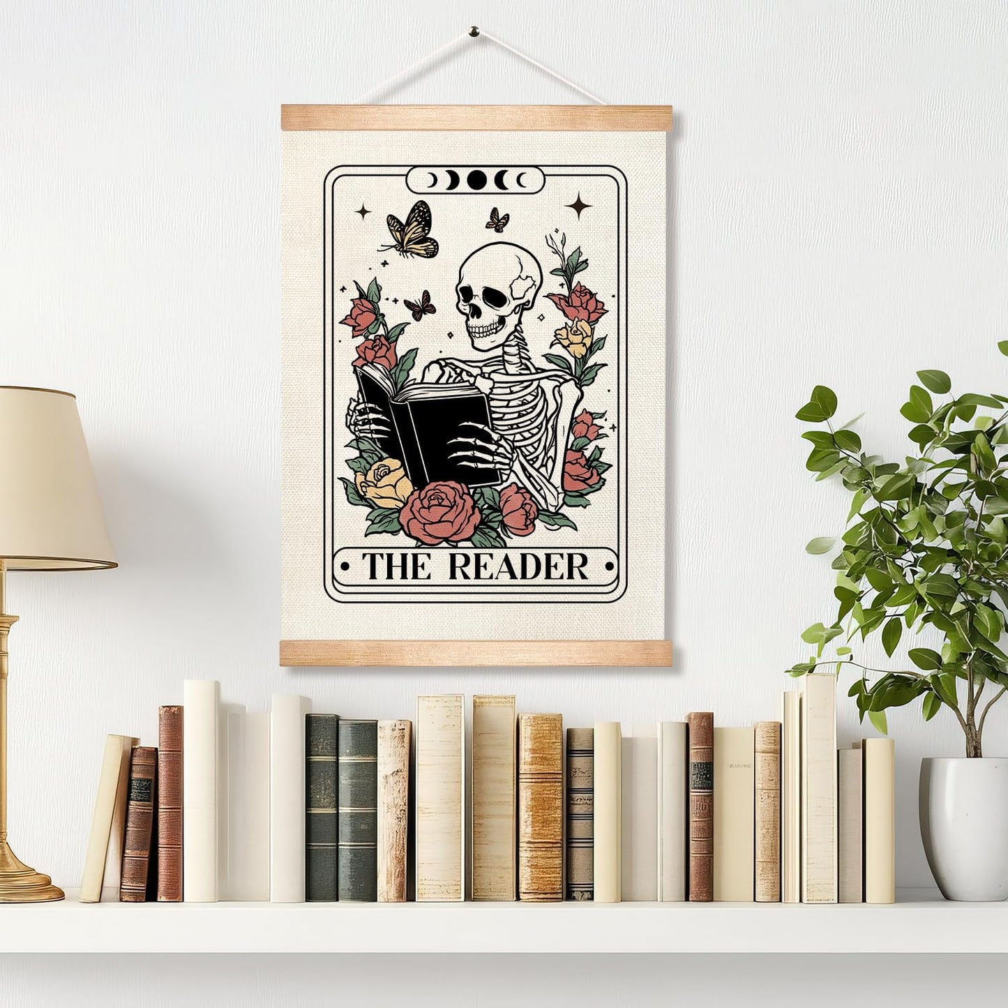 HEYJEEPER The Reader Tarot Card Wall Art, 14x18inch Gothic Skeleton Reading Books, Canvas Wall Hanging Poster,Library, Reading Corner Decor,Vintage Witchy Room Decor (Reader)