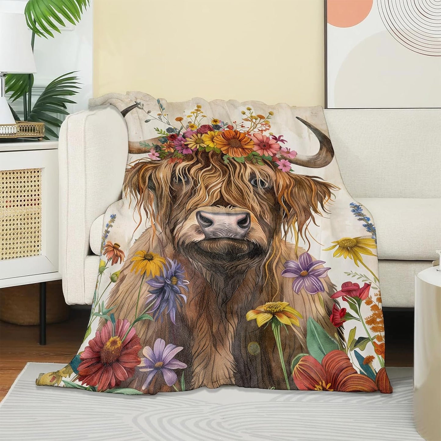 Floral Crown Highland Cow Blanket, Soft Warm Cozy Farm Animal Throw Blanket Gifts for Adults Kids Women, Lightweight Fuzzy Comfy Flannel Blankets for Couch, Travel, Bed, House Decor 60×50 Inch