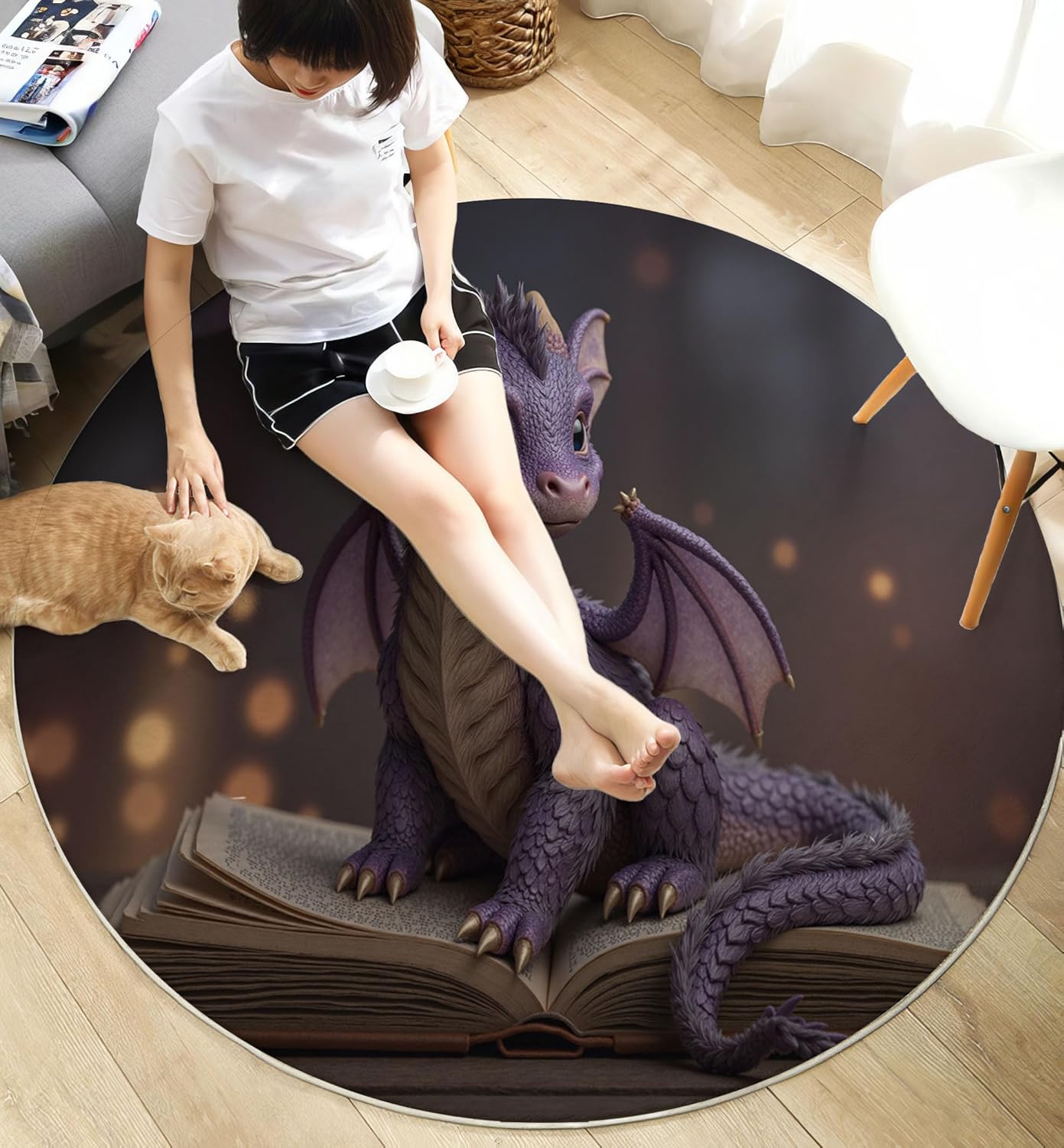 3D Fantasy Dragon Book Round Rugs 5.25Ft, Retro Animals Round Living Room Area Rug, Washable Large Soft Circle Rug for Bedroom, Non Slip Ultra Thin Floor Carpet for Dining Room, Purple