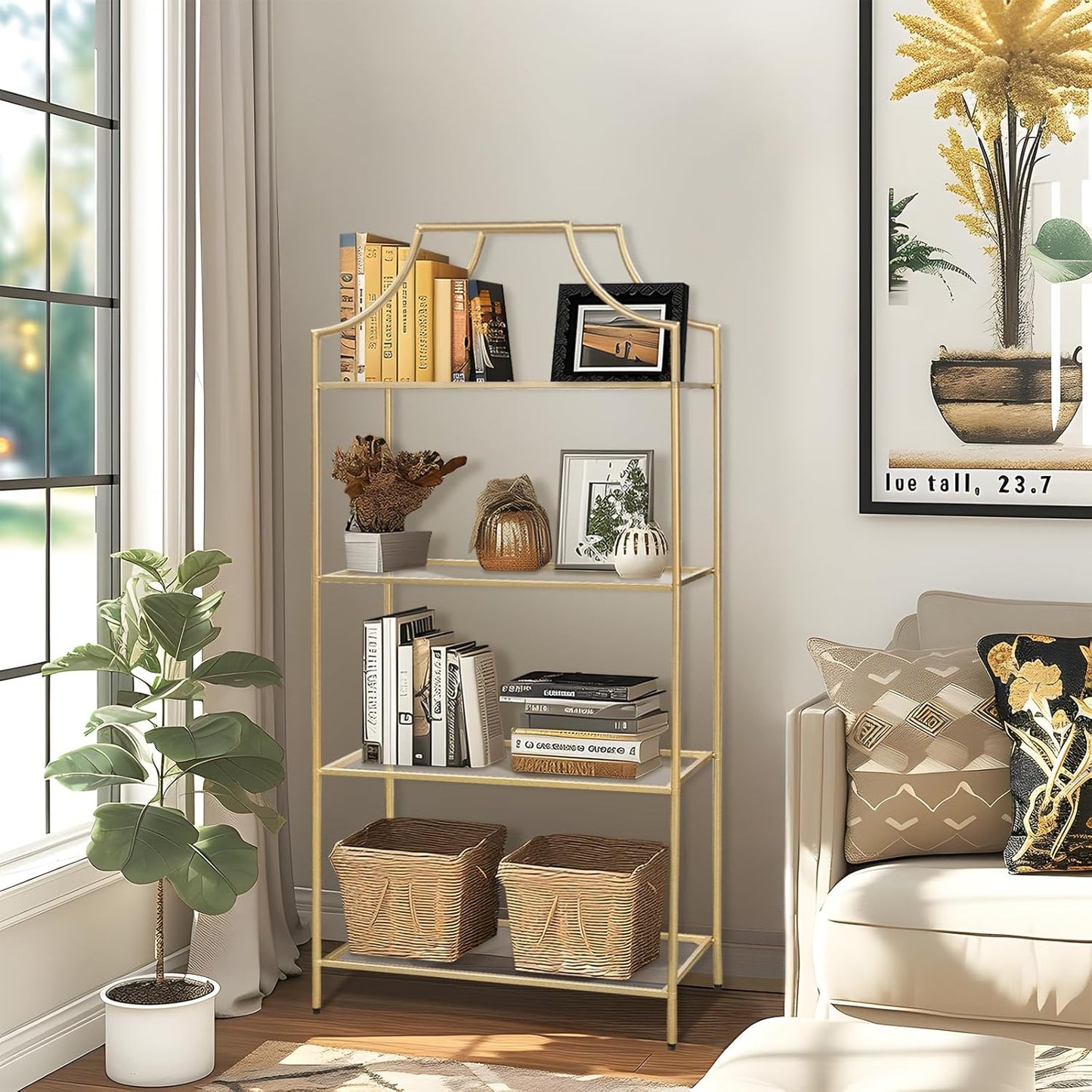 4 Tier Bookshelf, Metal Book Shelf for Storage, Tall Storage Display Bookcase, Modern Open Book Case for Bedroom, Living Room, Glass Office Organization Shelf, 66.3" X 26" X 13"