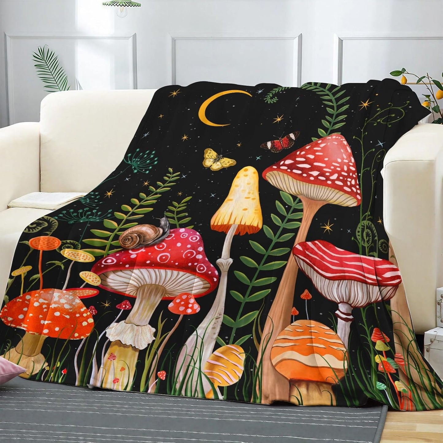 Leeisysme Mushroom Fleece Throw Blanket, Garden Plant Moon Butterfly Cozy Decor Nap Blankets Decoration Sofa Bed Couch Chair or Dorm Throws 40×50 inches