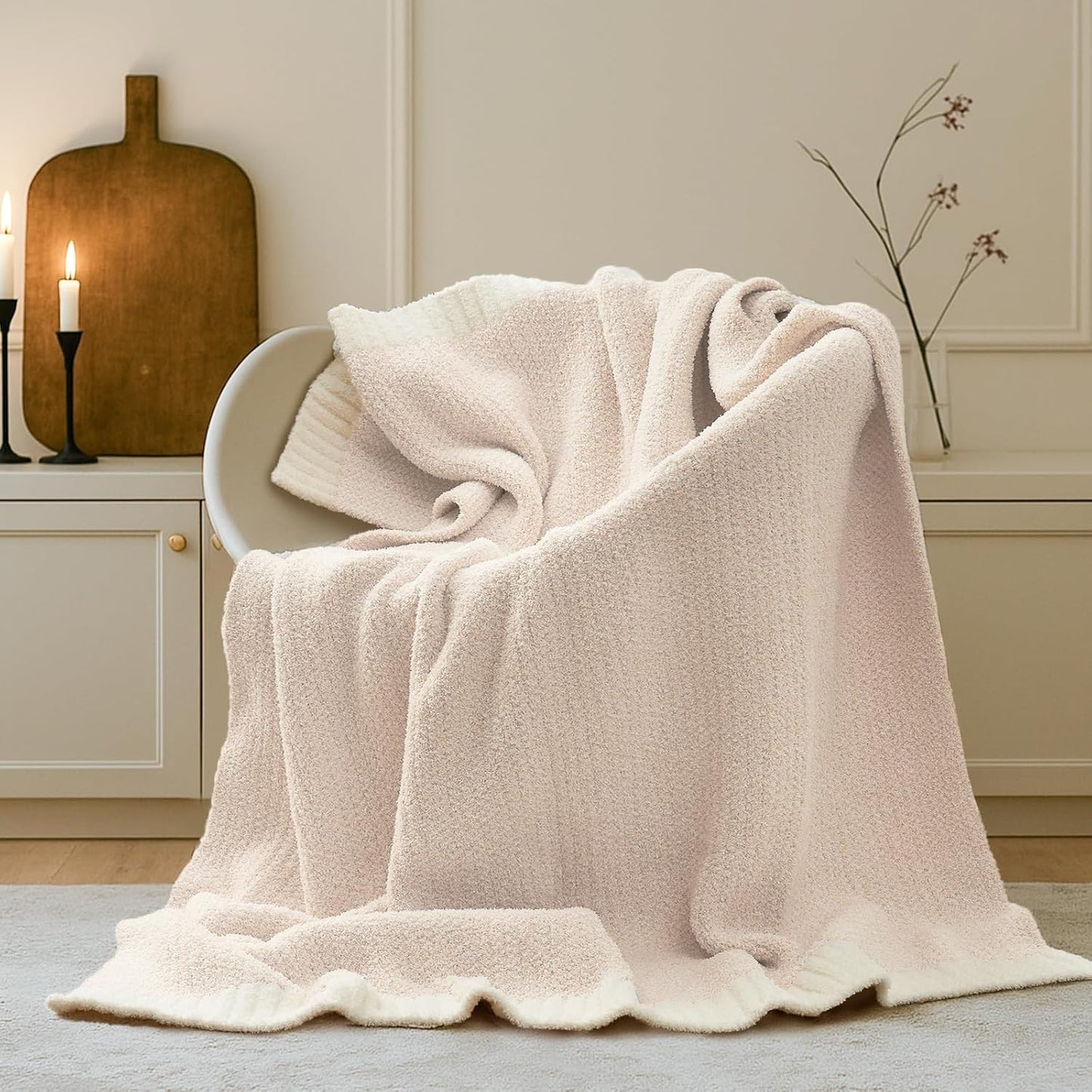 Snuggle Sac Buttery Ivory Throw Blanket for Couch, Reversible Super Soft Knitted Blankets, Warm Cozy Knit Fuzzy Plush Lightweight Throws Dupes for Sofa, Bed, Picnic, Ivory, 50 x 60 inches