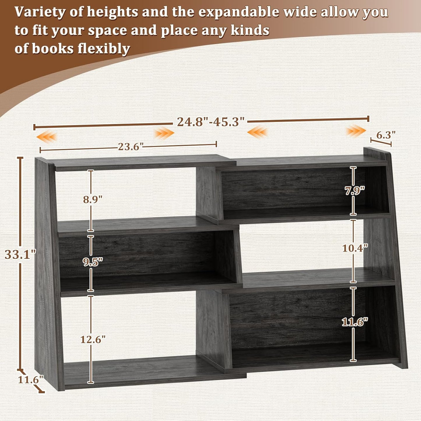 Armocity Expandable Bookshelf, Short Corner Bookshelf for Small Spaces, Small Ladder Book Shelf, Extendable Wood Narrow Bookcase for Living Room, Bedroom, 4 Tier, Grey Oak