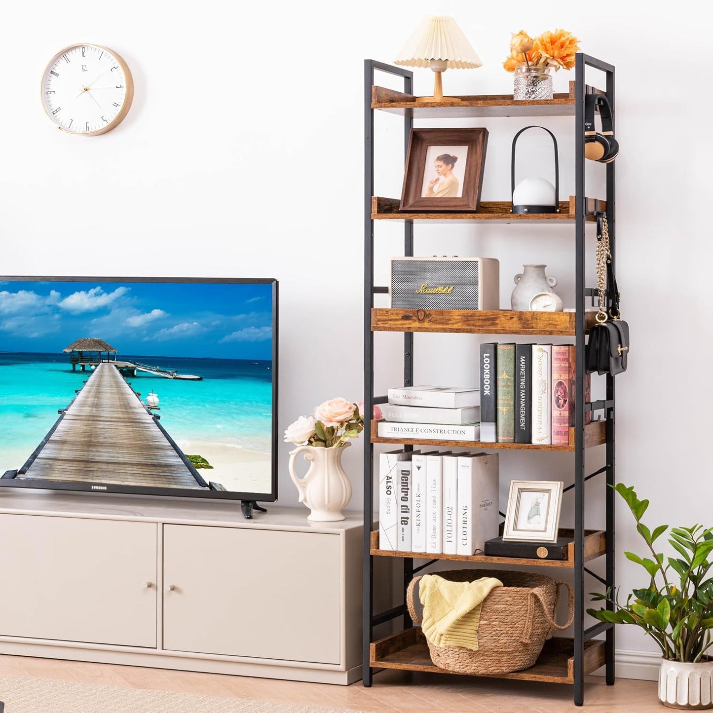 6-Tier Adjustable Open Bookcase — Industrial Wood & Black Metal, Rustic Farmhouse