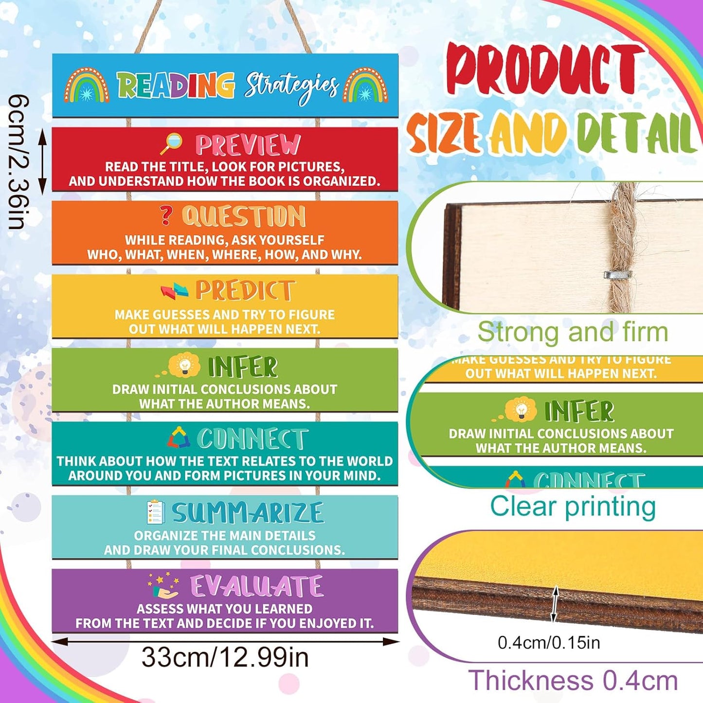 Threehoney Reading Strategies Posters Classroom Reading Corner Decor 20x13 Read Educational Bulletin Board Poster Read Comprehension Wooden Sign for Library Kindergarten Preschool Elementary Supplies
