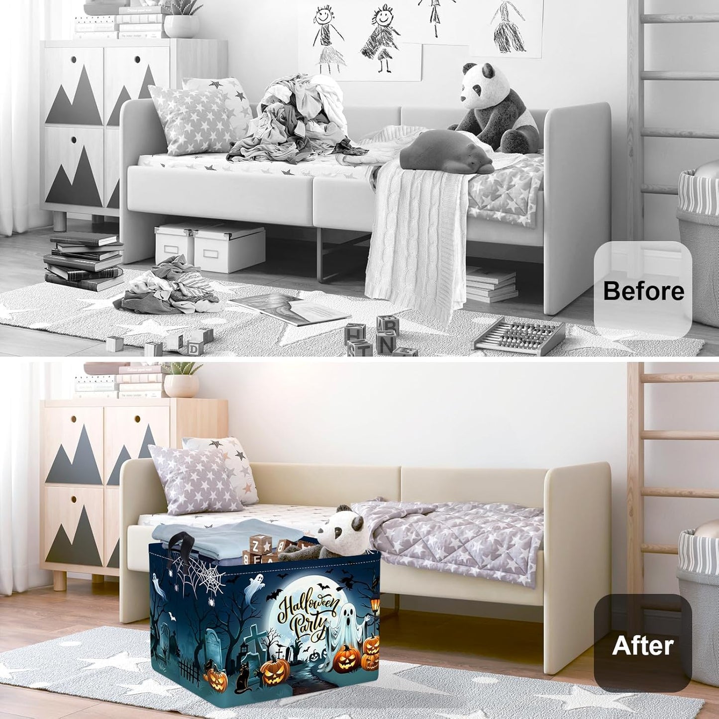 Halloween Baby Storage Basket Ghost Bat Pumpkin Collapsible Clothes Kids Laundry Hamper Large Boys Girls Gift Toy Box Bin for Nursery Room,Graveyard,40*30*30 cm