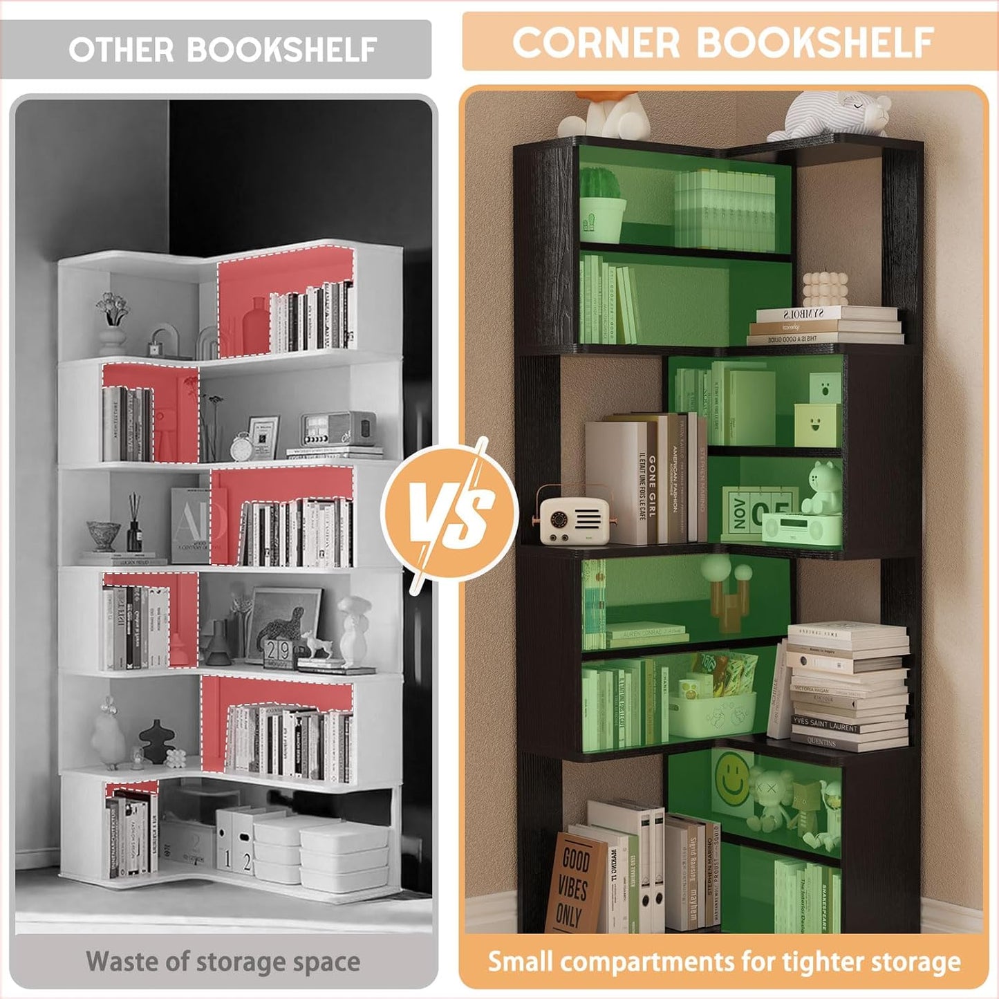 Lkeiyay 9-Tier Black Corner Bookcase, 65” Tall Space-Saving Modern Corner Bookshelf for Living Room/Bedroom, Sturdy Open Storage Unit with Multiple Shelves, Perfect for Home Office & Small Spaces