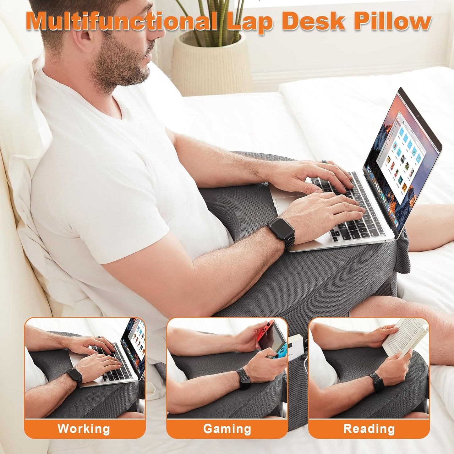 Lap Desk Pillow for Laptop, Reading Pillow for Gaming with Pockets, Soft Lap Desk for Couch, Memory Foam Laptop Pillow for Working, Crocheting or Sitting in Bed Sofa(Dark Grey)
