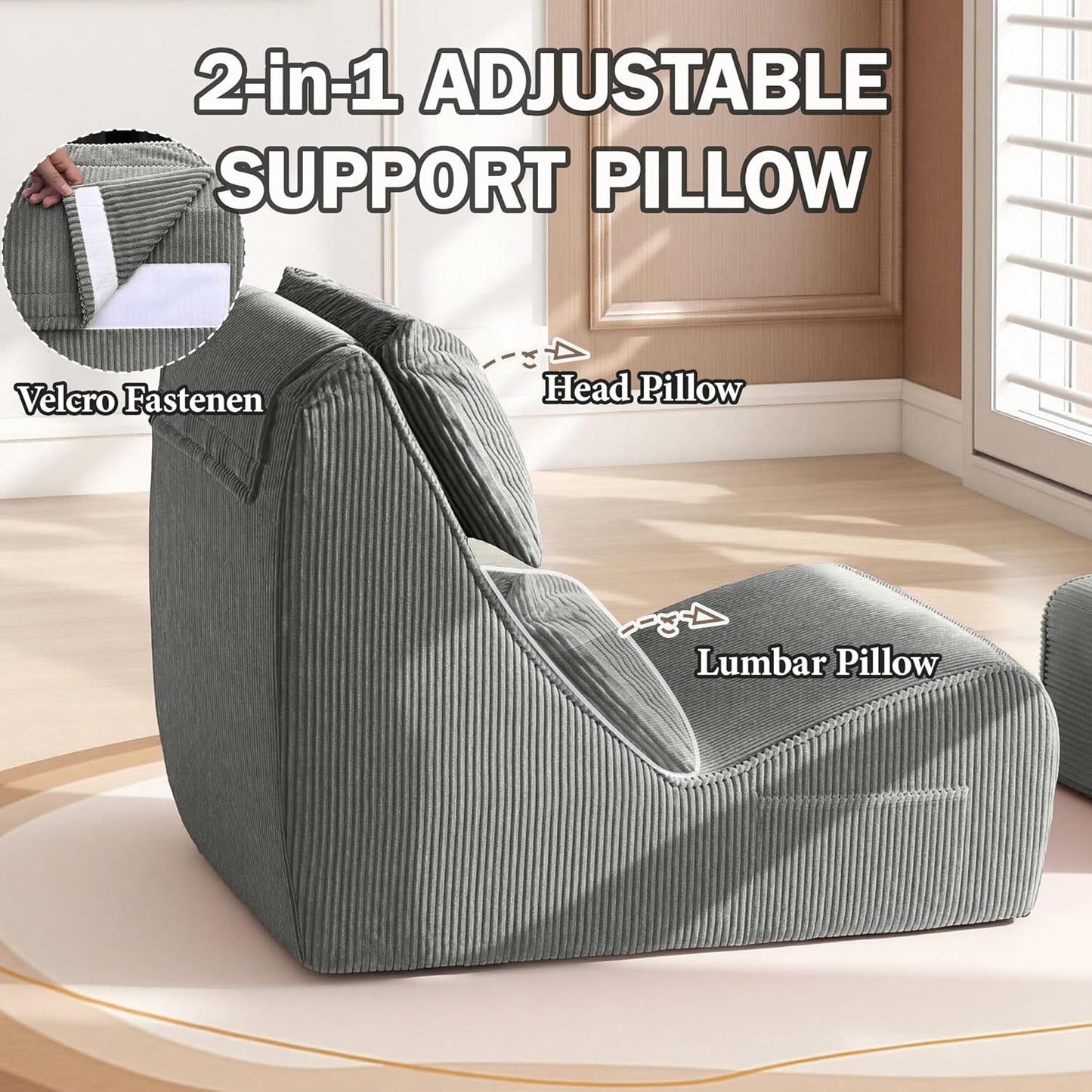 Trenda Chaise Longue Chair with Ottoman, Boneless Accent Recliner Chair with Washable Cover, Adjustable Neck Pillow, Comfy Floor Chair for Living Room, Bedroom, Small Space.
