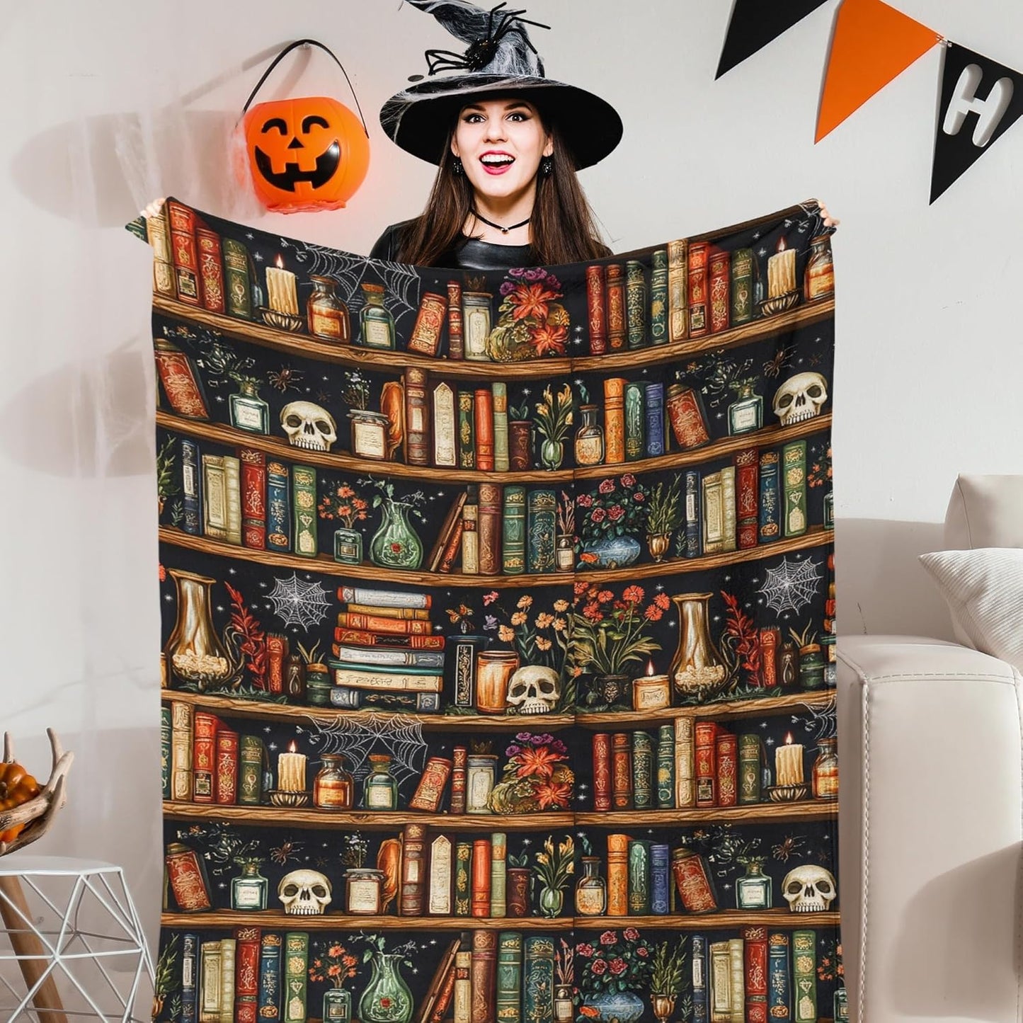Halloween Bookshelf Blanket for Book Lovers 60"x50", Fall Throw Blankets Lounging Blanket for Reading Area Couch Office Reading Area Bookworm Adults, Wife