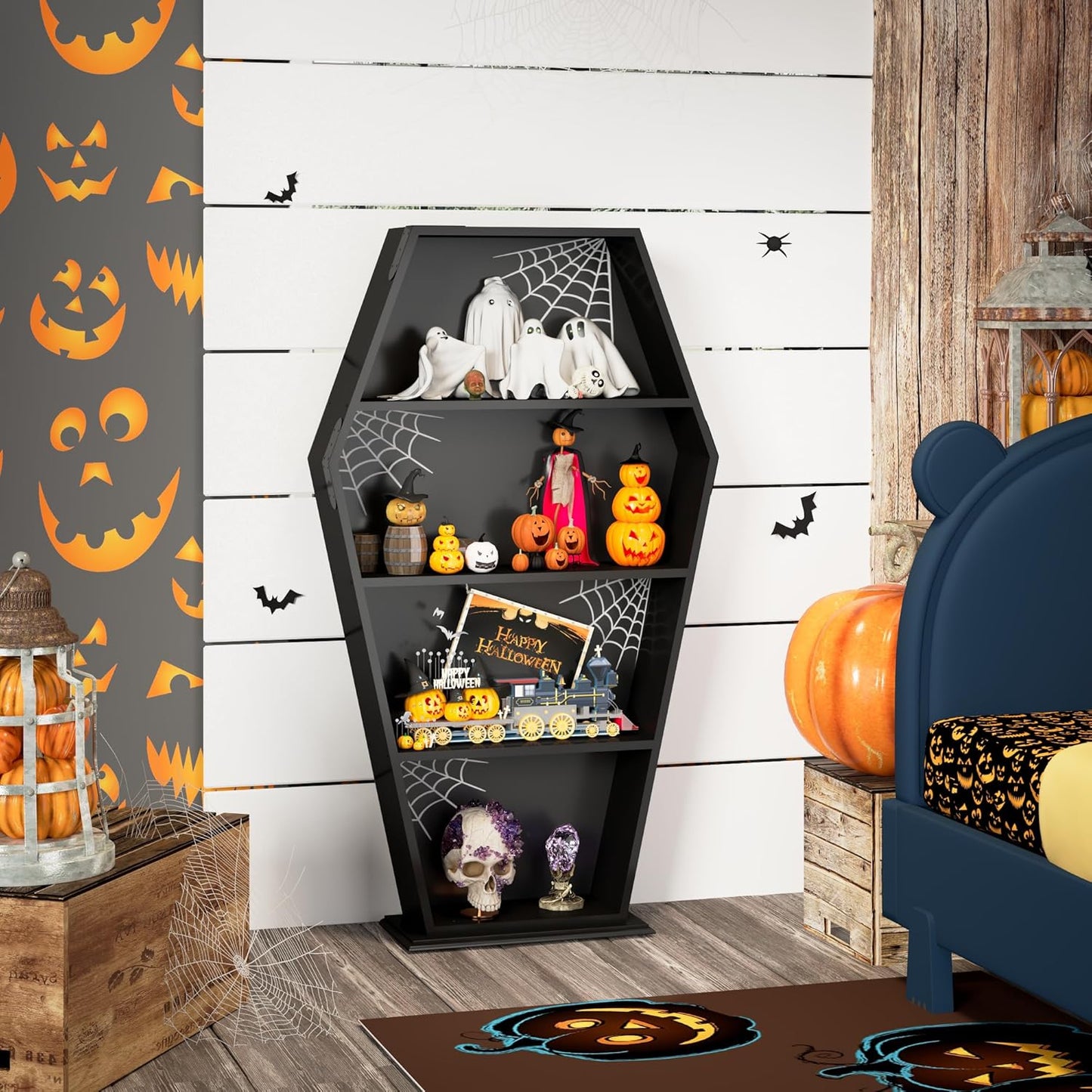 Halloween Goth Coffin Bookshelf 48''H - Wood Tall Coffin Shelf with Spider Web Gothic Decor, Black Spooky Curio Shelf for Home Decor