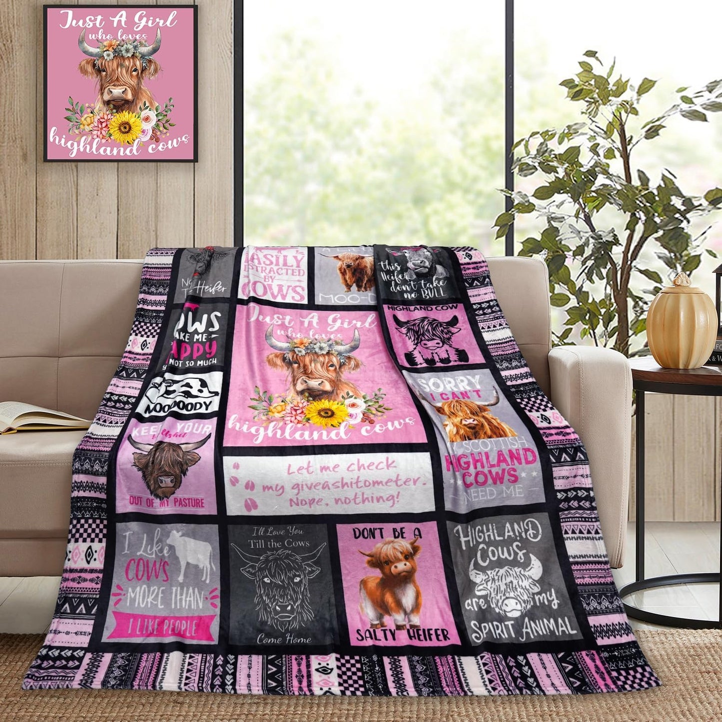 Highland Cow Gift for Women and Kids - Throw Blanket for Cow Lovers - Just A Girl Who Loves Highland Cows bBankets for Couch, Sofa, Bed, Chair 50 x 60 inch