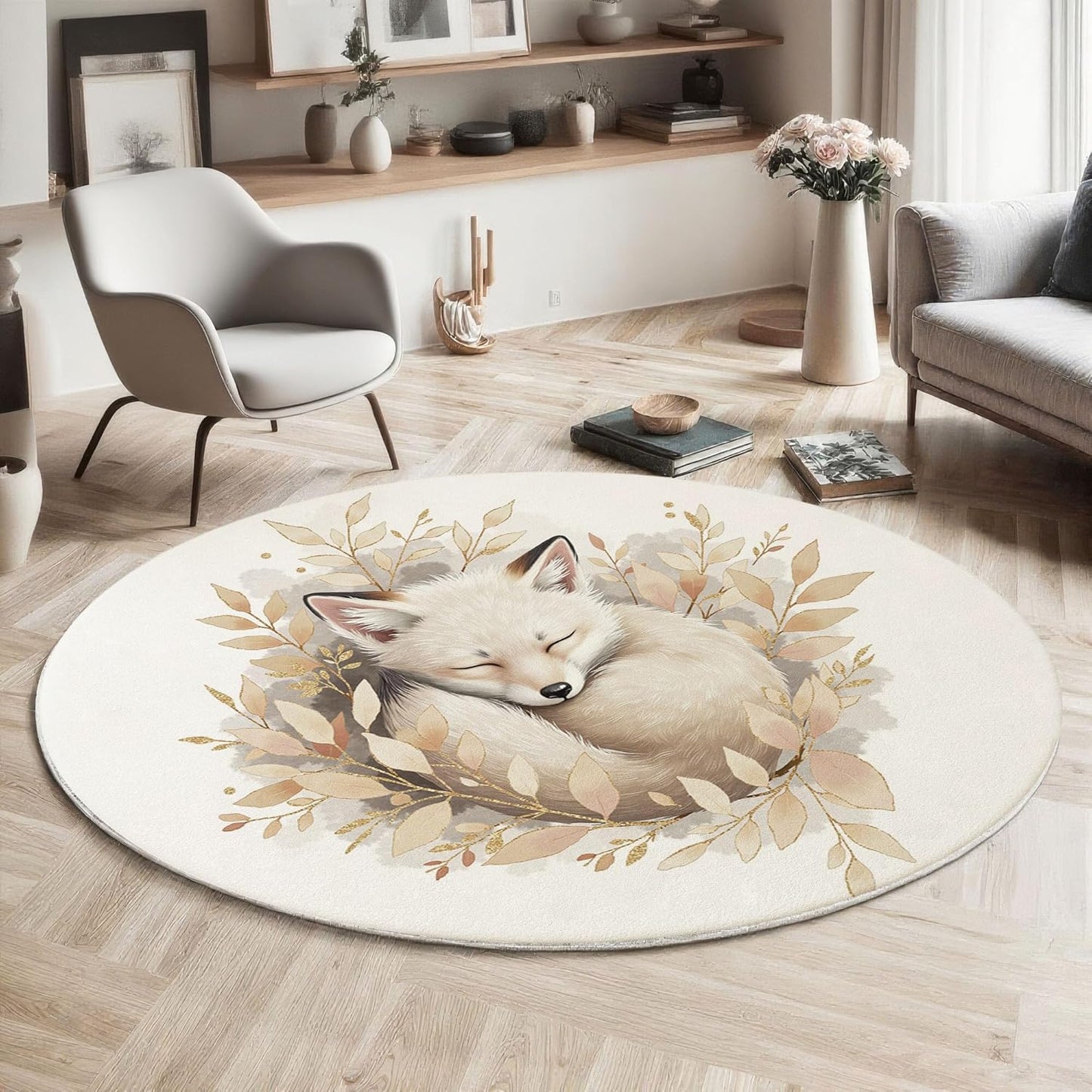 Watercolor Fox Twigs Round Rugs 2Ft, Animal Illustration Round Living Room Area Rug, Washable Large Soft Circle Rug for Bedroom, Non Slip Ultra Thin Floor Carpet for Dining Room, Beige
