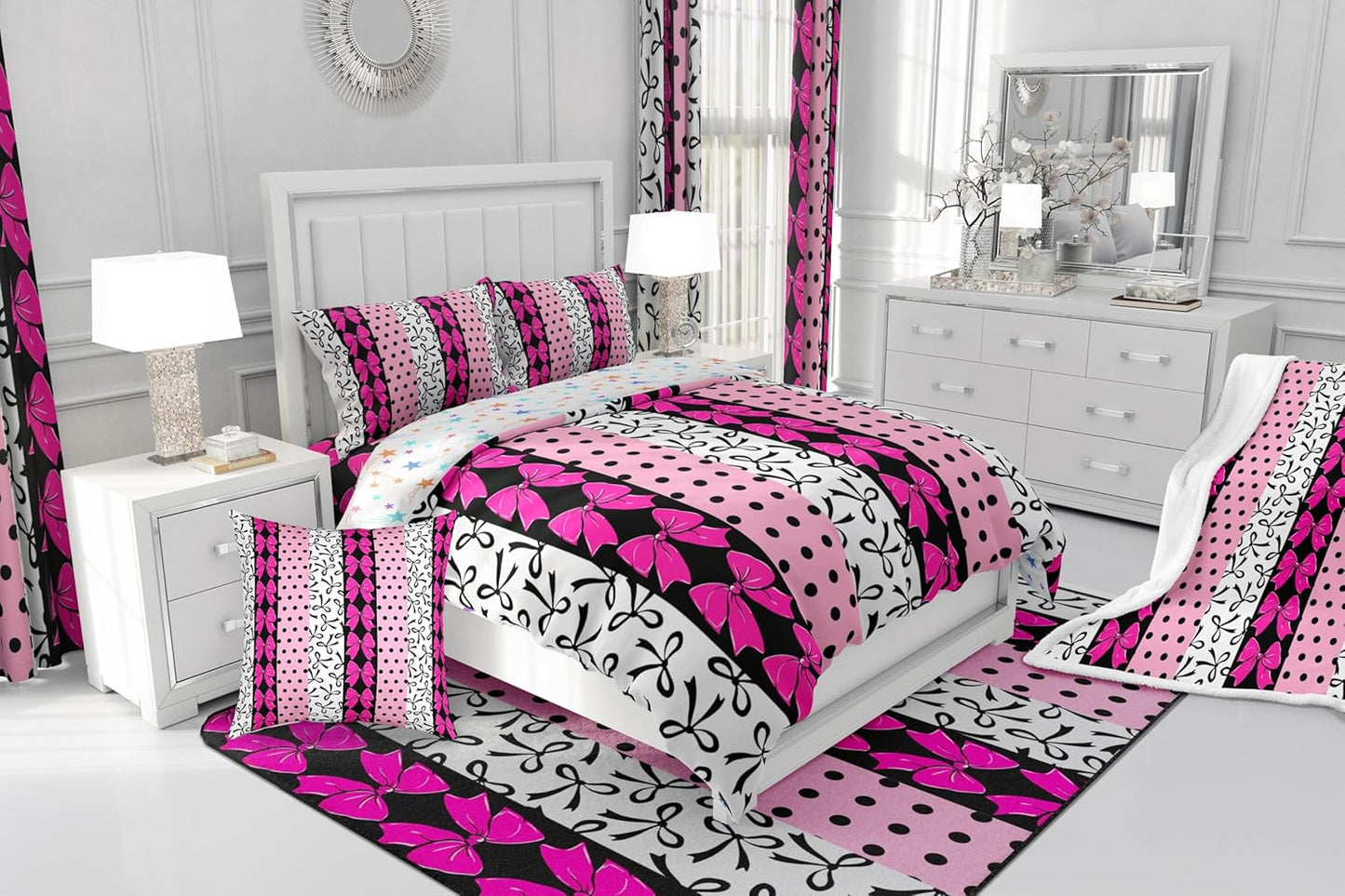 Feelyou Cute Bow Fleece Throw Blanket 40"x50" Bowknot Sherpa Blanket for Bed Sofa Couch Boys Girls Teens Girls Bow Plush Blanket Women Men Rose Pink White Black Fuzzy Blanket