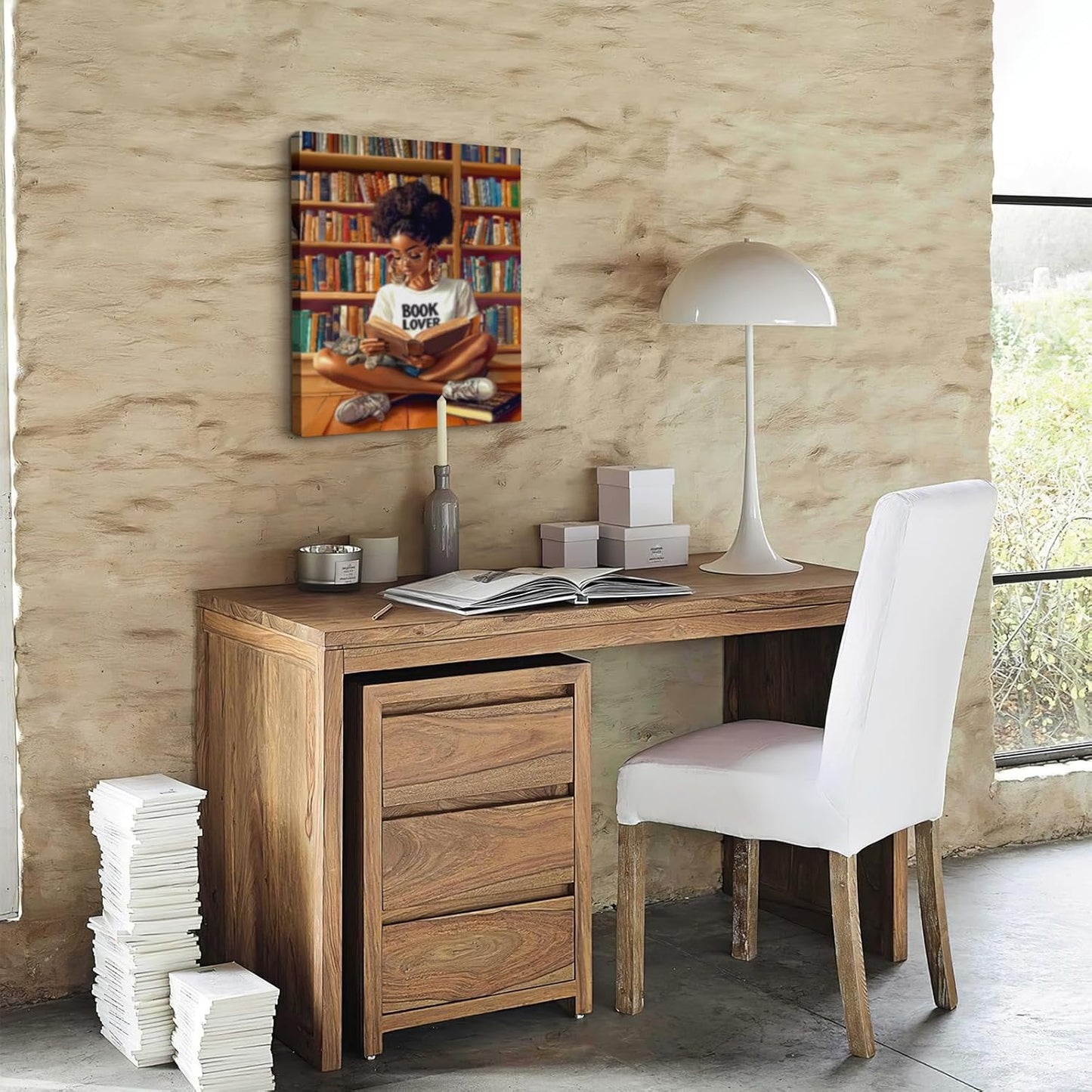 African American Wall Art Black Girl Reading Pictures Canvas Wall Decor Gift Book Lover Afro Black Women Painting Framed Artwork for Teenager Living Room Bedroom Study Reading Room 16"x20"